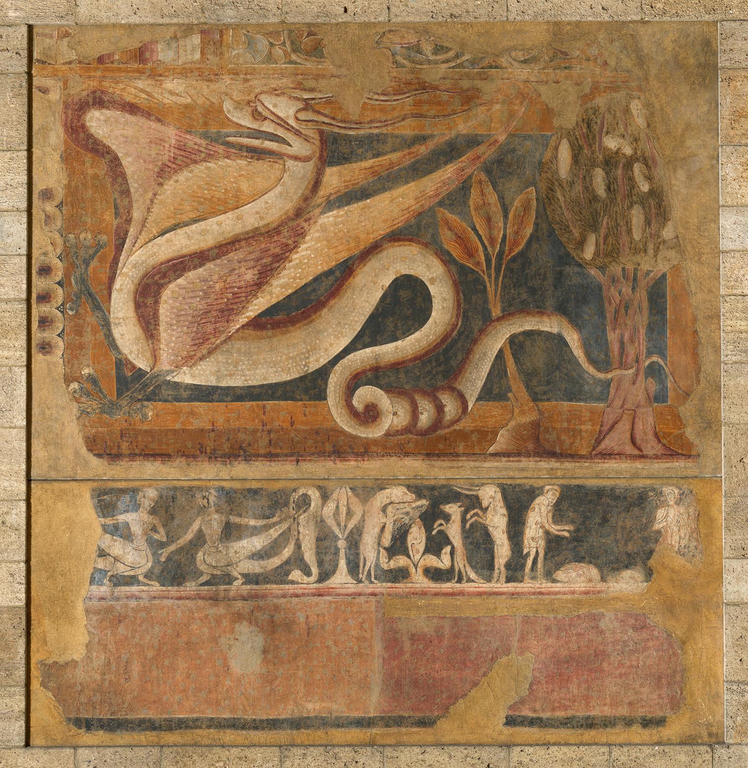 Ancient mural depicting a large, stylized dragon-like creature with an elongated body and wings, surrounded by trees and mythical figures below.