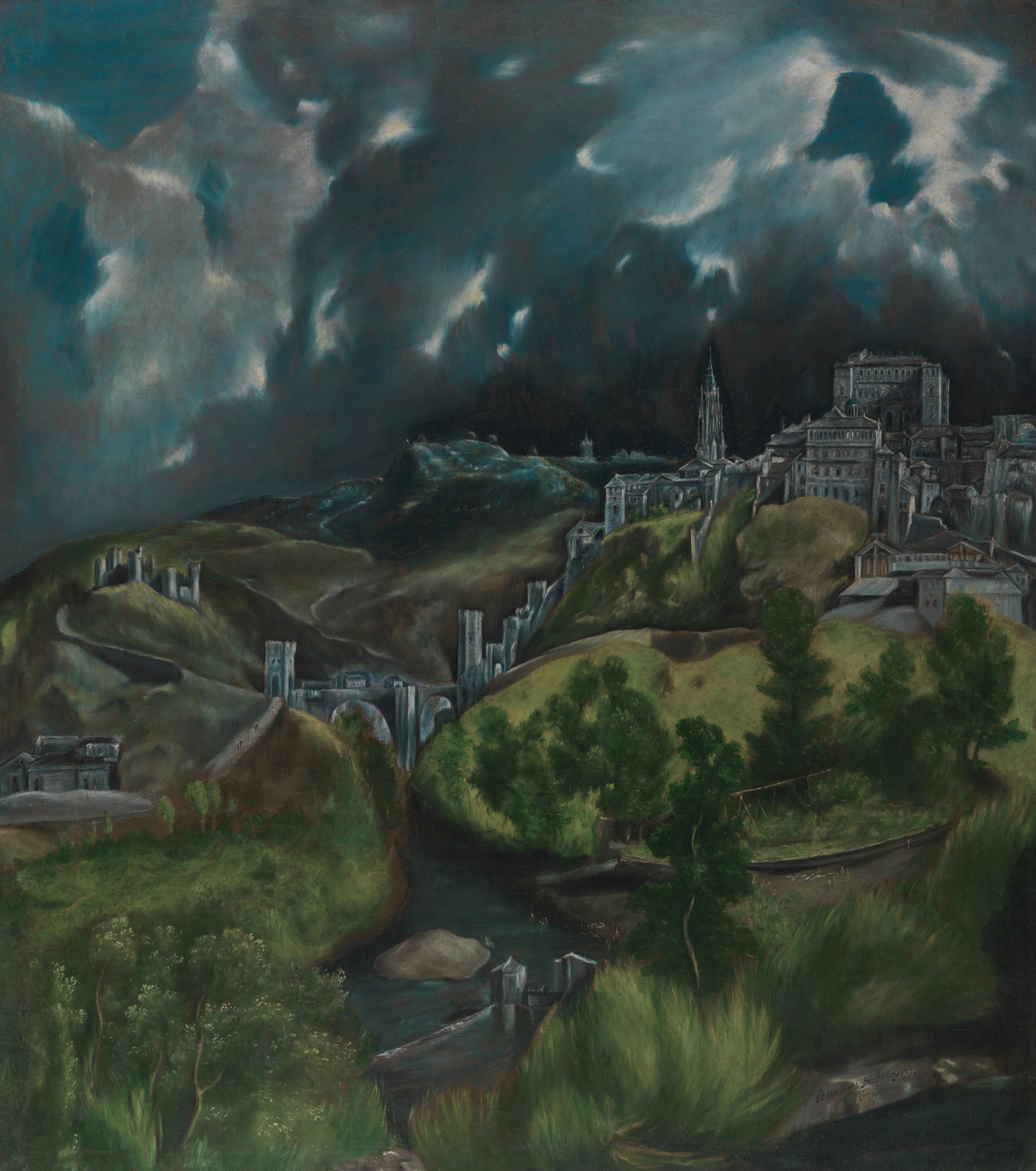 A dramatic, darkly colored landscape painting of a hillside city under a turbulent sky, with winding rivers and fields in the foreground.