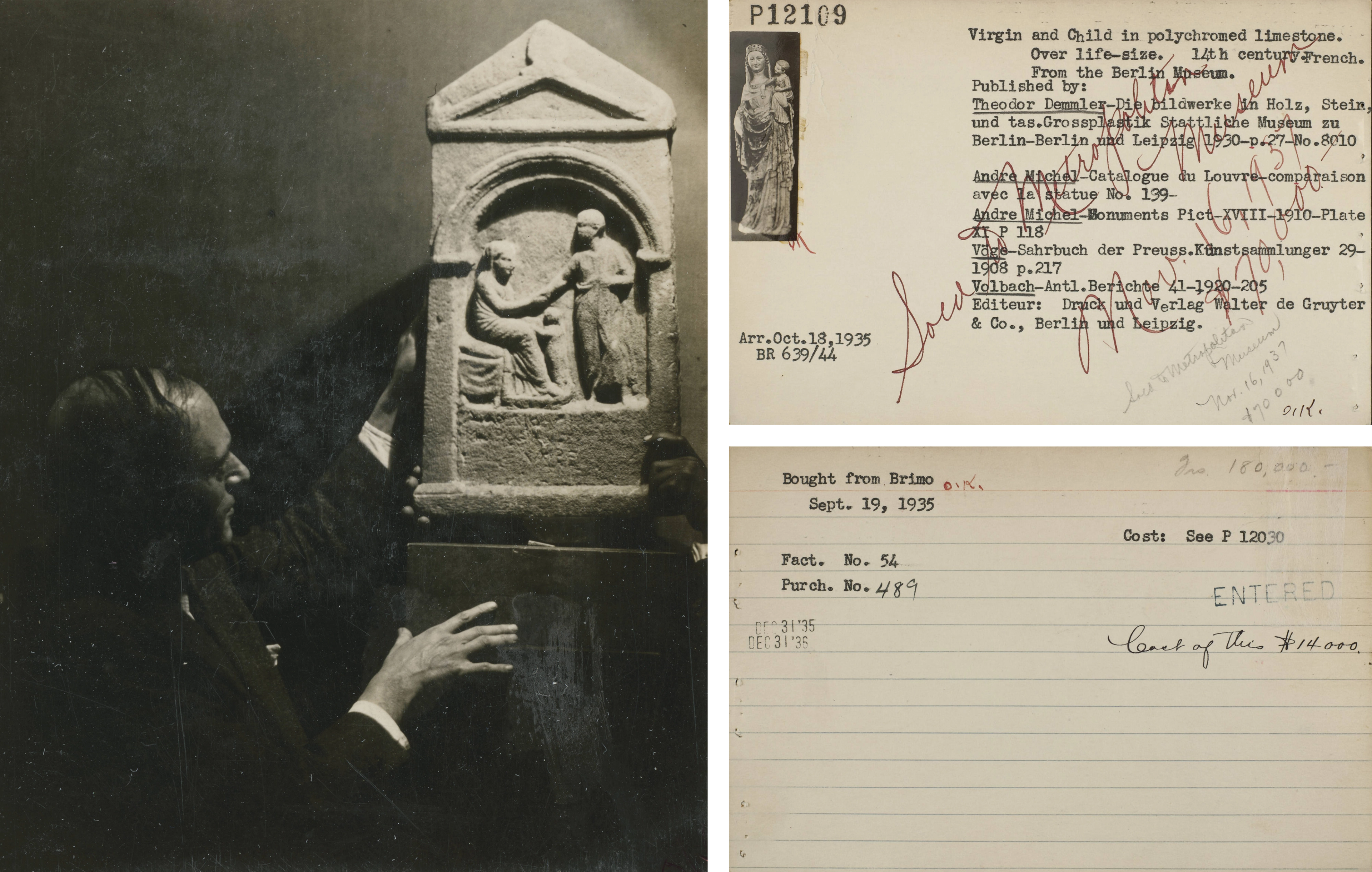 Shadowy photo of the profile of a man reaching towards an illuminated stone relief. Two index cards with type- and handwritten annotations.