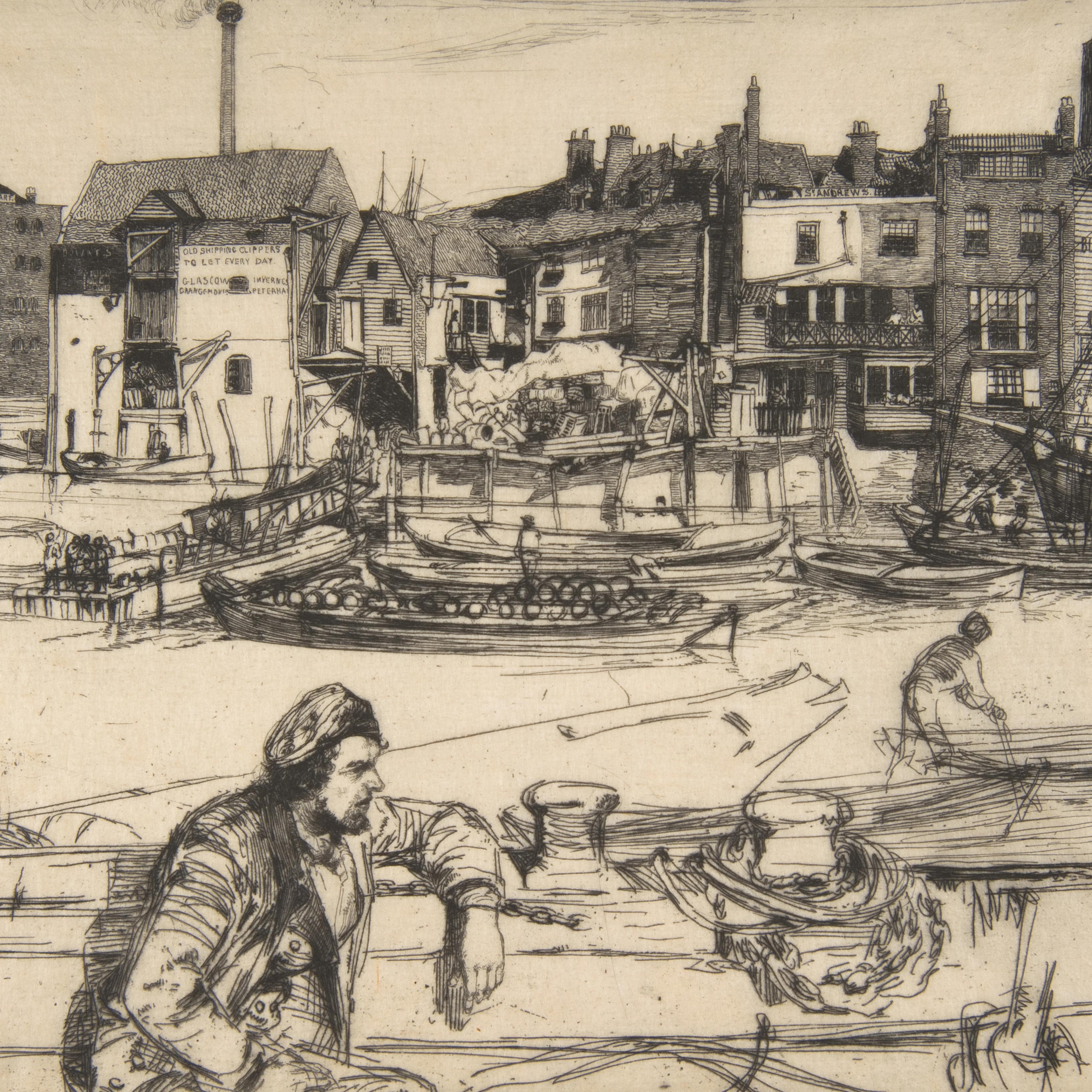 Detail of a James McNeill Whistler etching showing a wharf with a man sitting in a boat and more boats and buildings in the background.
