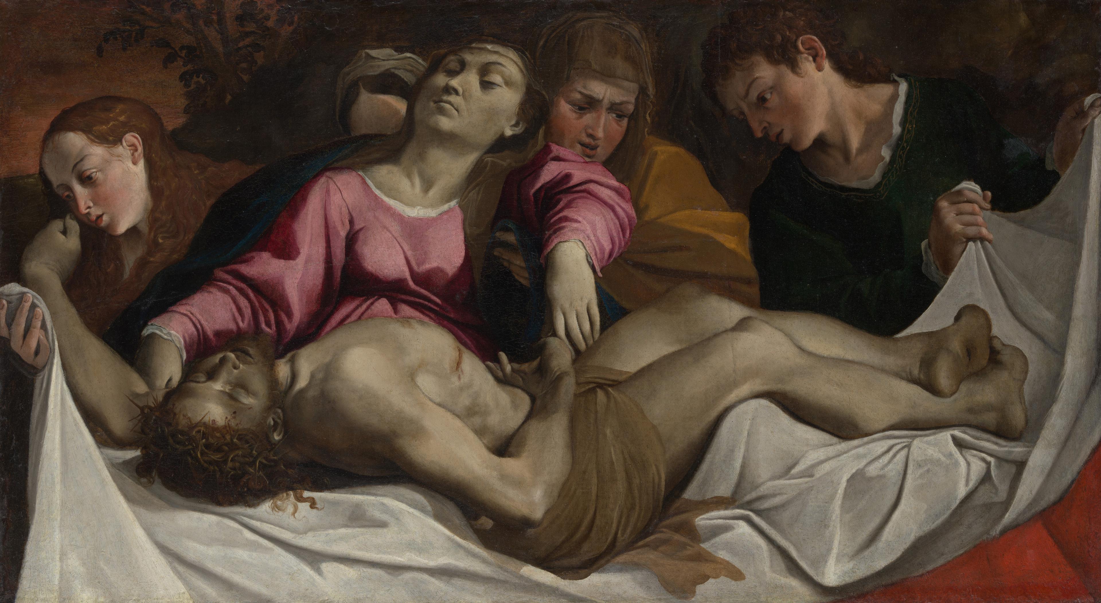 The Lamentation, painted by Ludovico Carracci, depicting the body of Christ laid upon a white shroud surrounded by mourners.