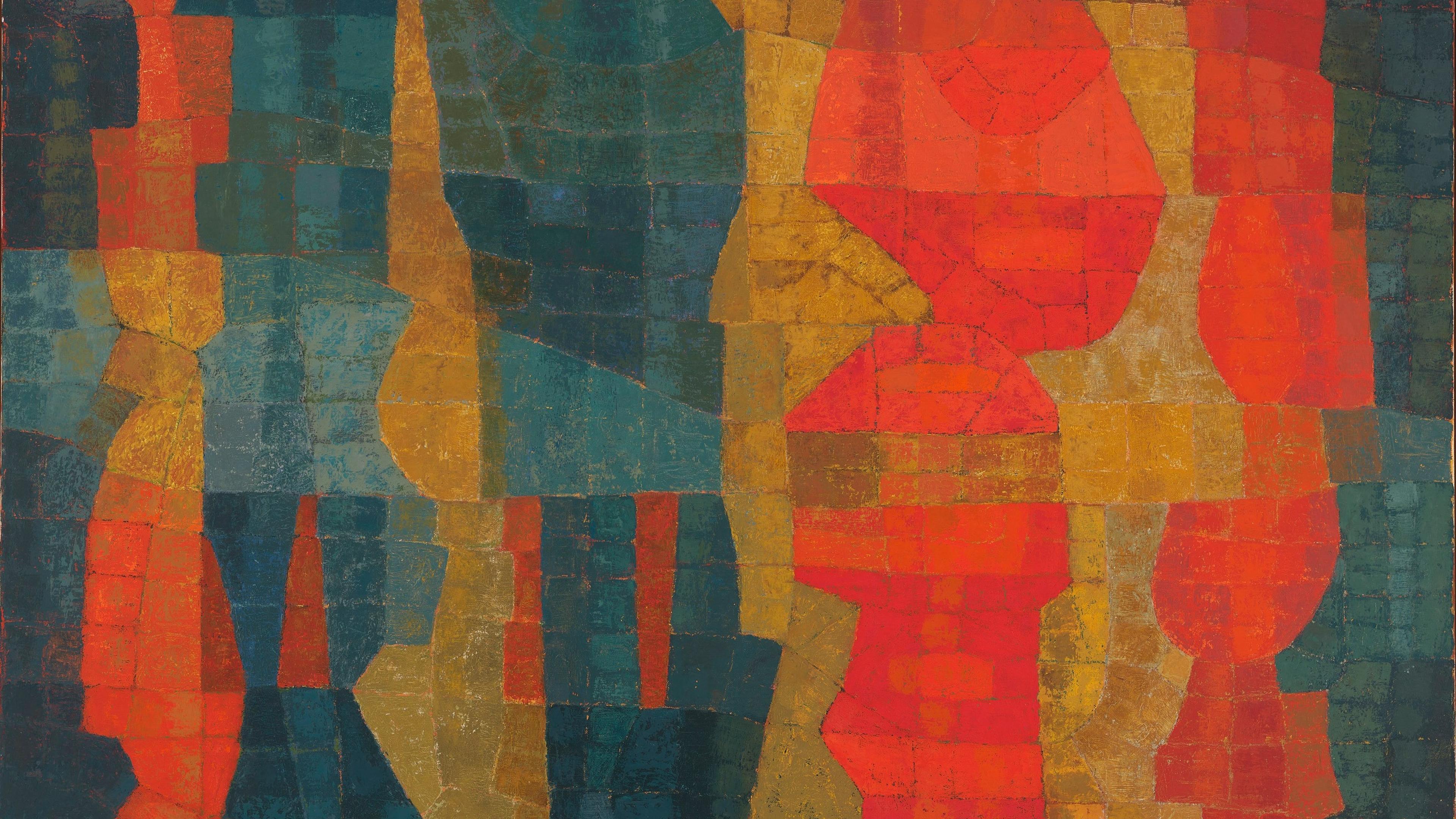 Bands of colored forms creating stripes down a horizontal canvas