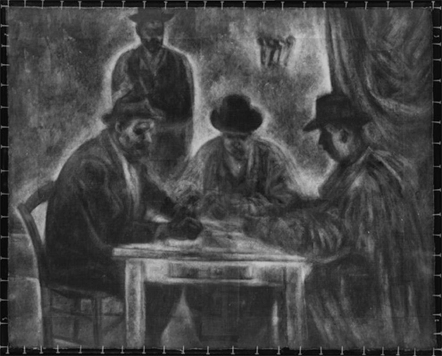 A xray image of a group of three men playing cards while one stands by smoking and watching the game.