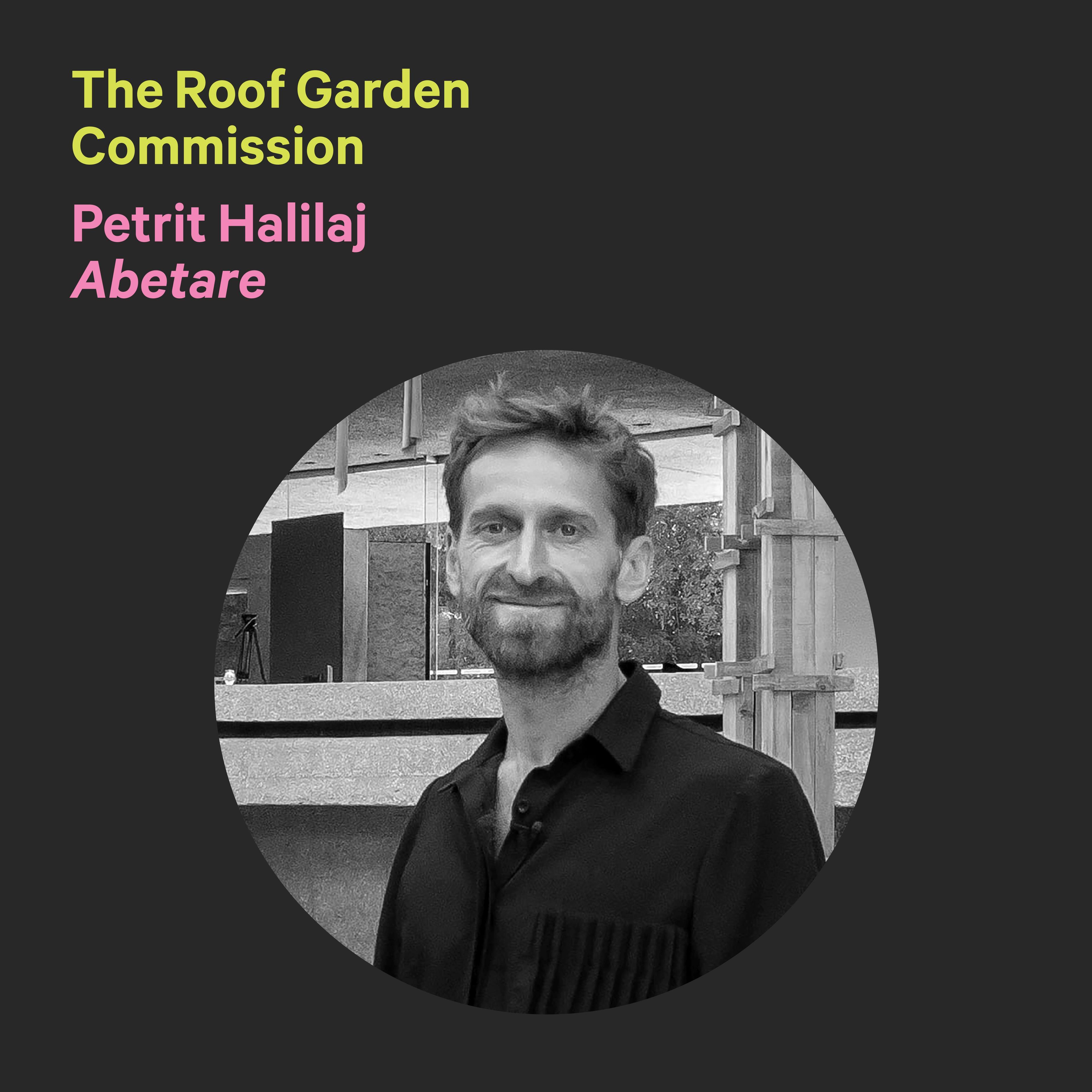 Blue text box that reads "The Roof Garden Commission" with the artist name, Petrit Halilaj