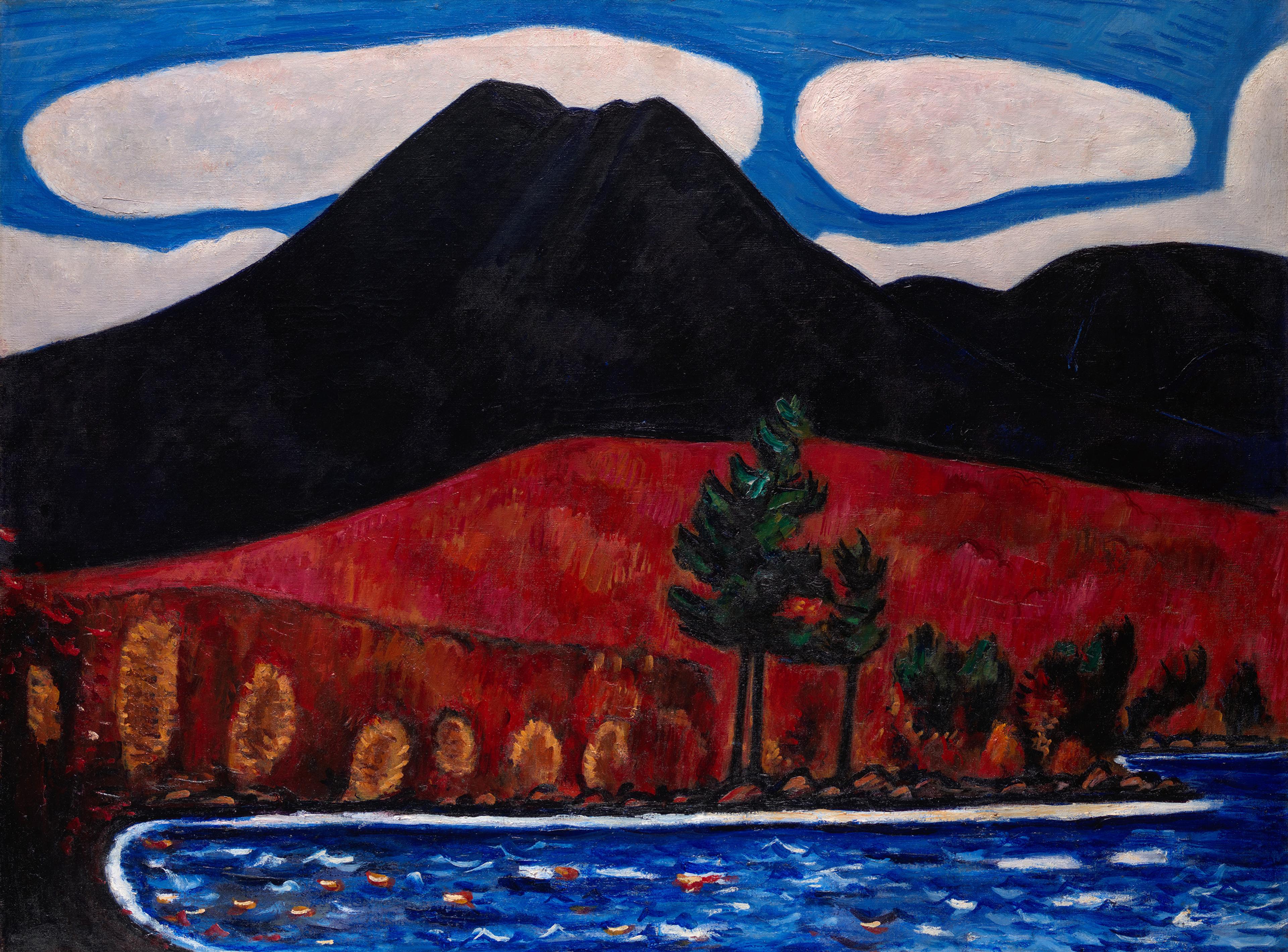 Painting of a mountain with a lake in the foreground and a blue sky with white clouds at top.