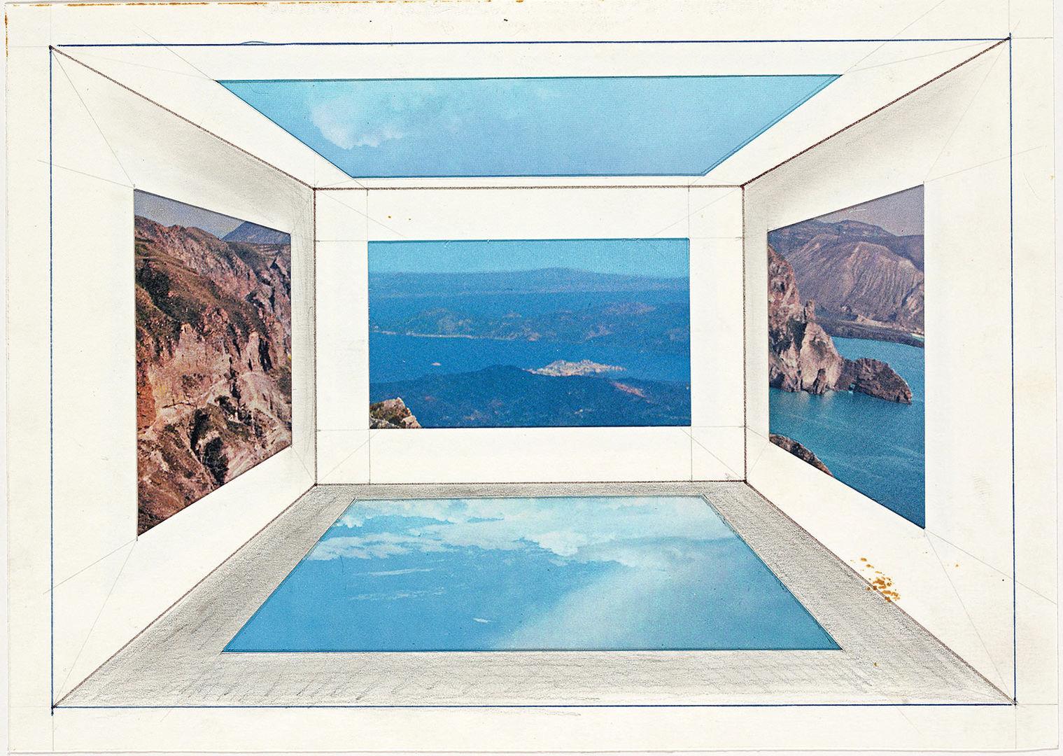 A detail from an abstract painting by Gerhard Richter with realistic images of the ocean and shore imposed over an abstract representation of a white gallery.