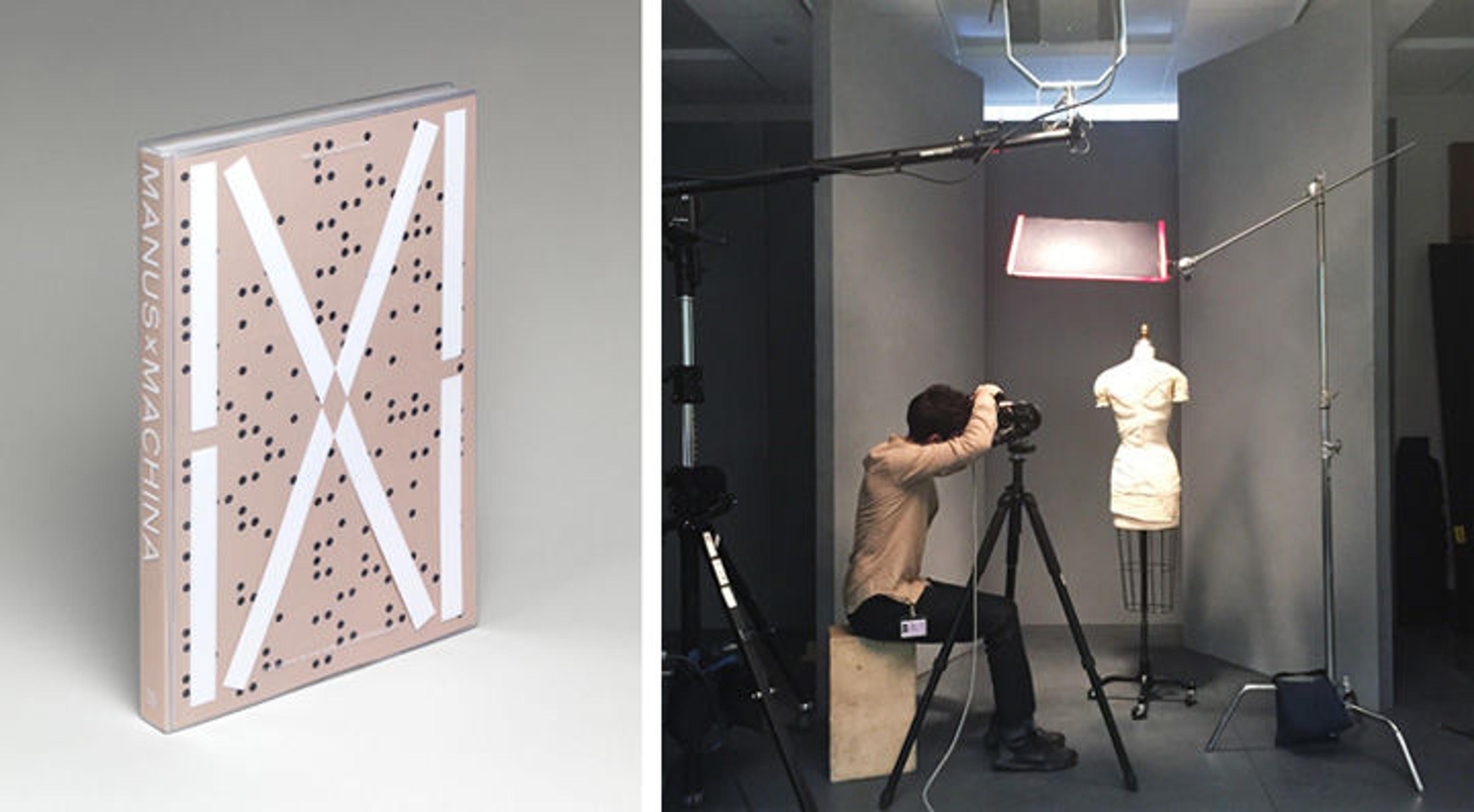 Catalogue cover (left) | Nicholas Cope photographing a dress (right)