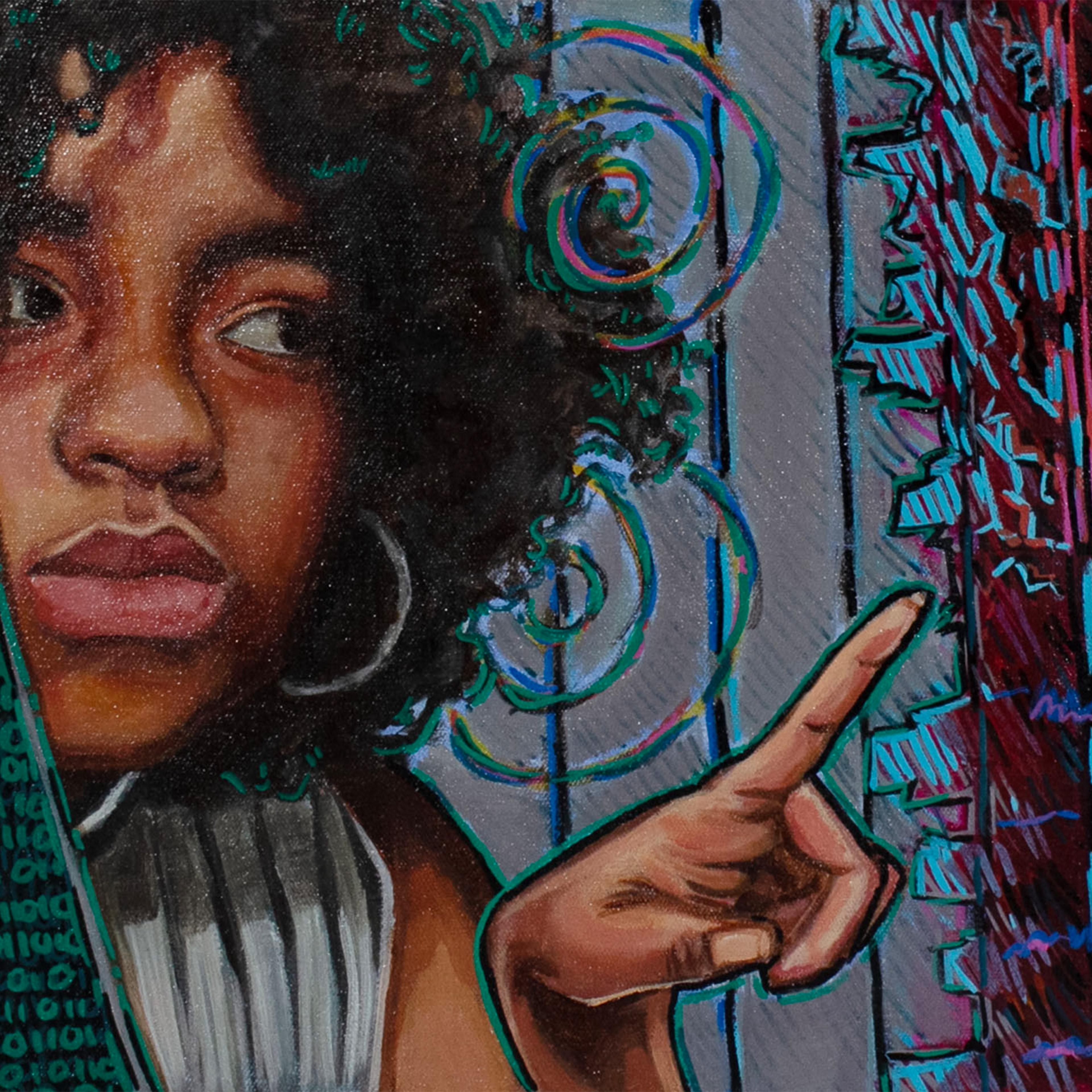 Painting of young black girls pointing at a creative figure of herself.