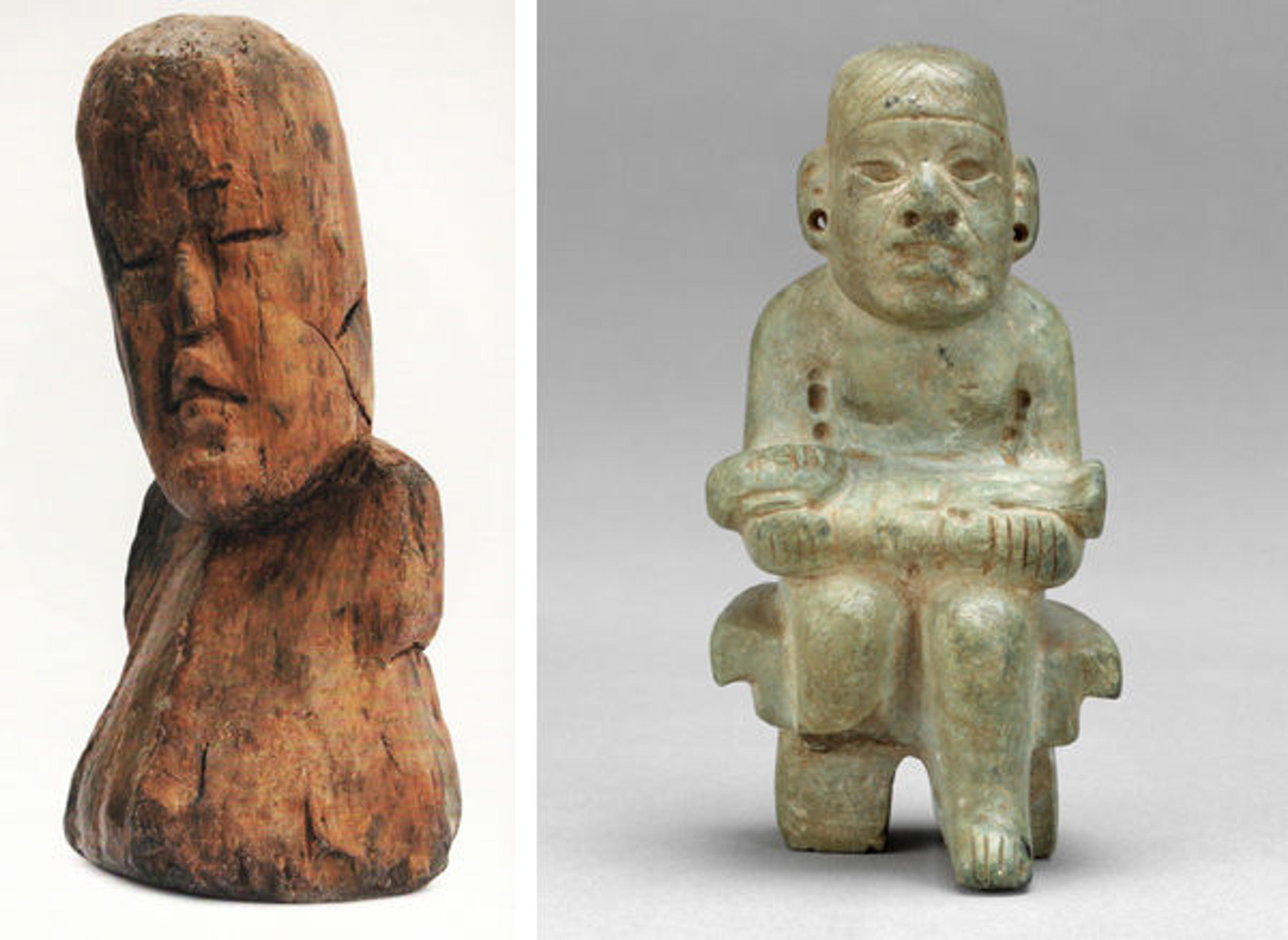 Left: Fig. 3. Wooden bust from El Manatí. H. 20 x W. 7 x D. 8 in. (50.8 x 17.8 x 20.3cm). Centro INAH Veracruz. From Olmec Colossal Masterworks of Ancient Mexico, plate 34. Right: Fig. 4.  Seated bench figure, 10th–4th century B.C. Mexico, Mesoamerica. Olmec. Serpentine; H. 4 7/16 x W. 2 1/4 x D. 2 1/8in. (11.3 x 5.7 x 5.4cm). The Metropolitan Museum of Art, New York, The Michael C. Rockefeller Memorial Collection, Bequest of Nelson A. Rockefeller, 1979 (1979.206.940)