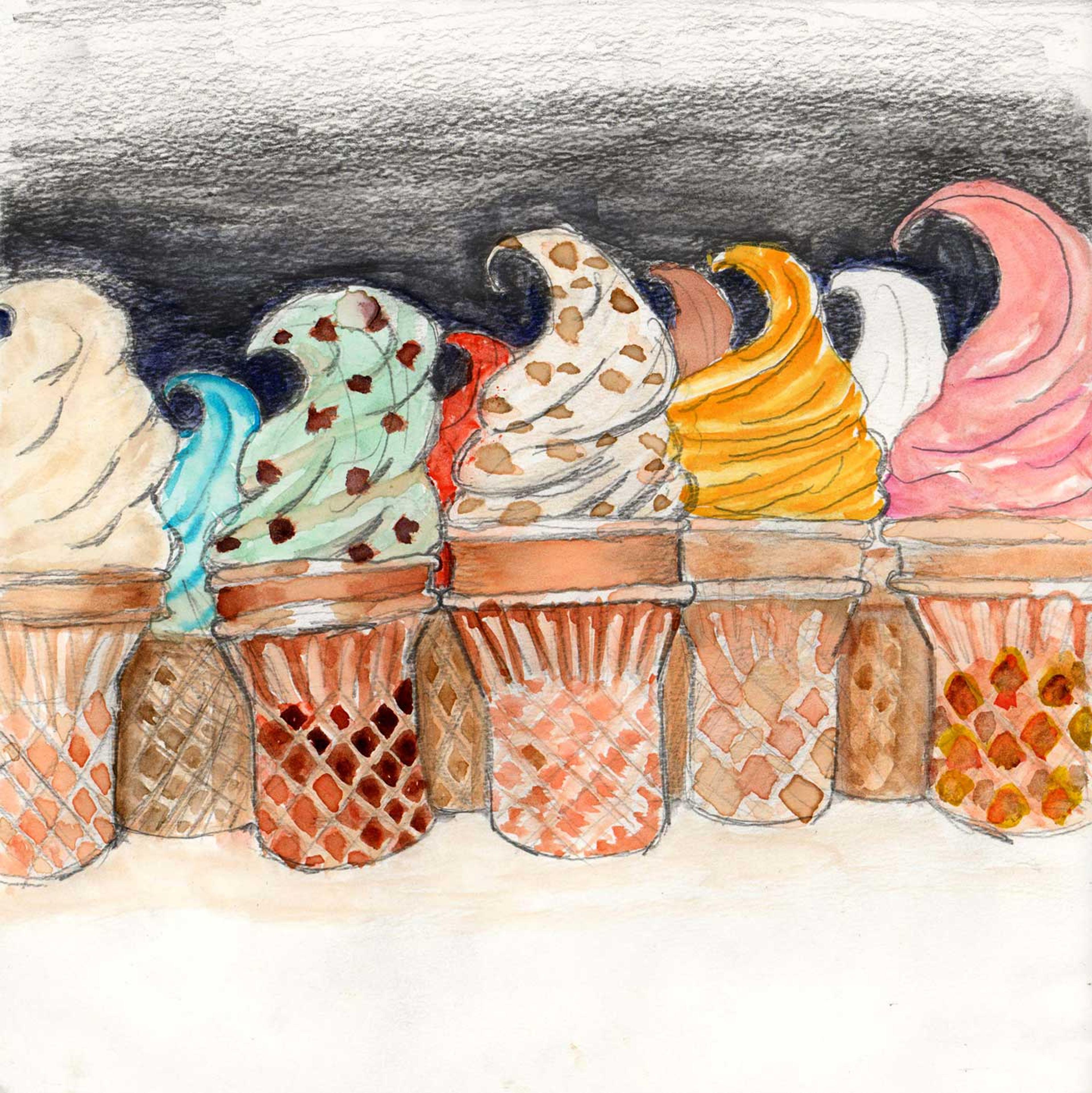 Colored pencil drawing of a variety of different ice cream cones.
