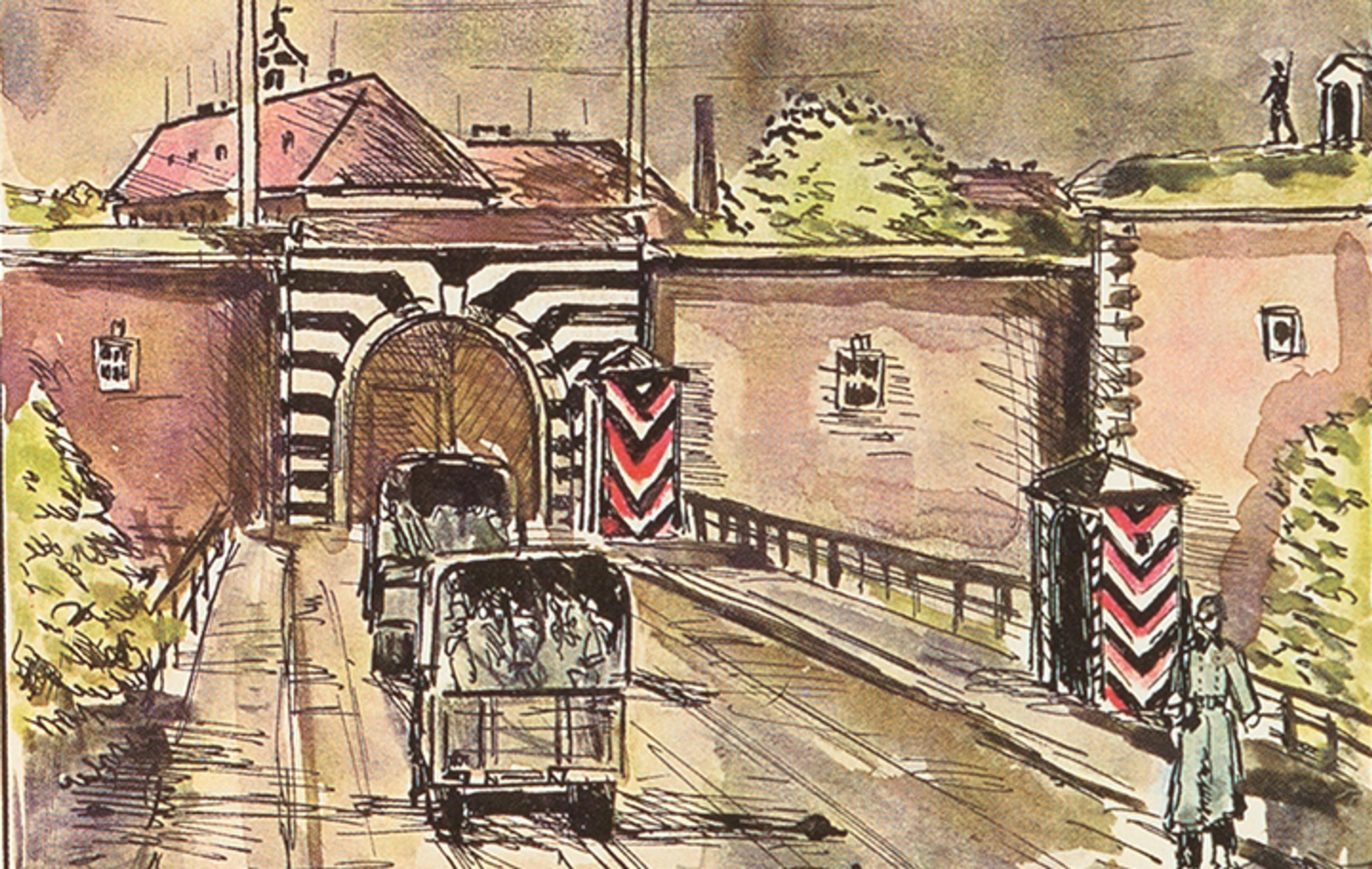Watercolor of carriages on a red-walled street.