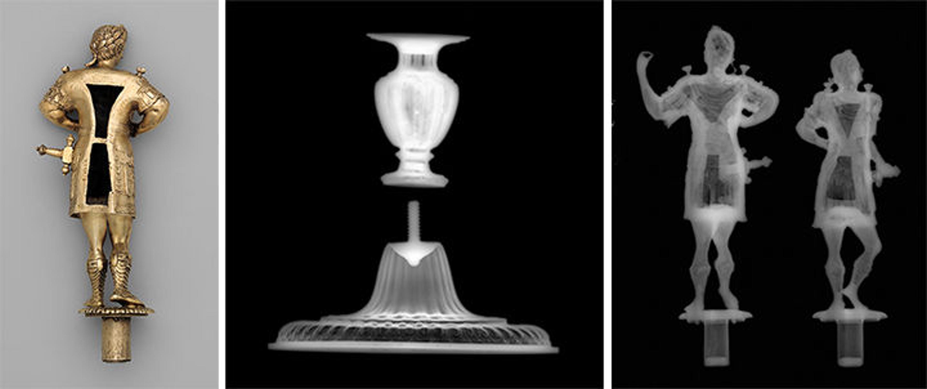 Left: Back of a figurine; Right: Conservation X-rays