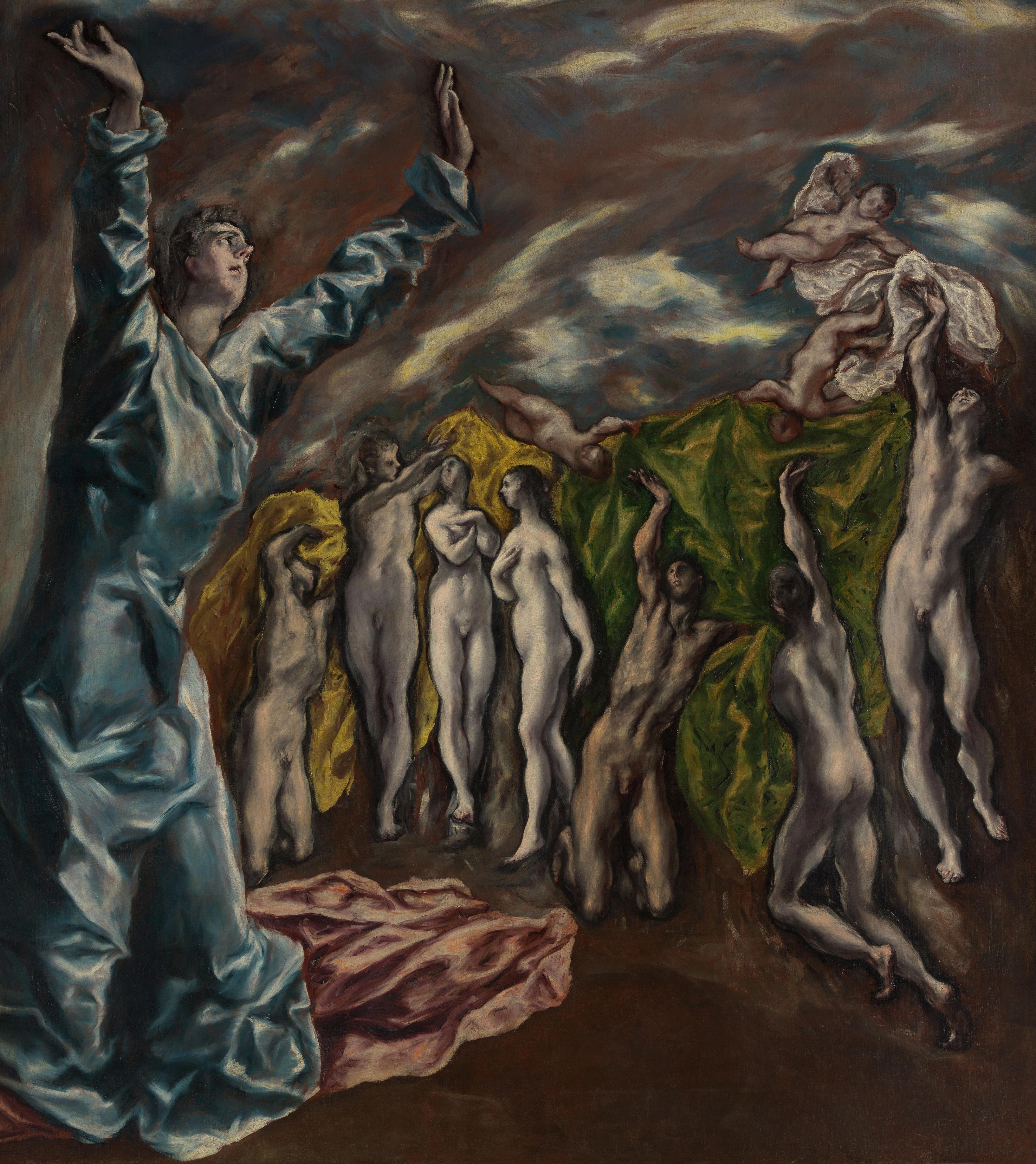 Painting of a robed figure with raised arms beside a group of nude figures holding up fabric and posed against swirling dark clouds.