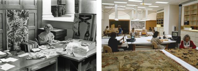 Left: A woman sewing a textile; Right: Several conservators seated in the textile conservation studio restoring materials.