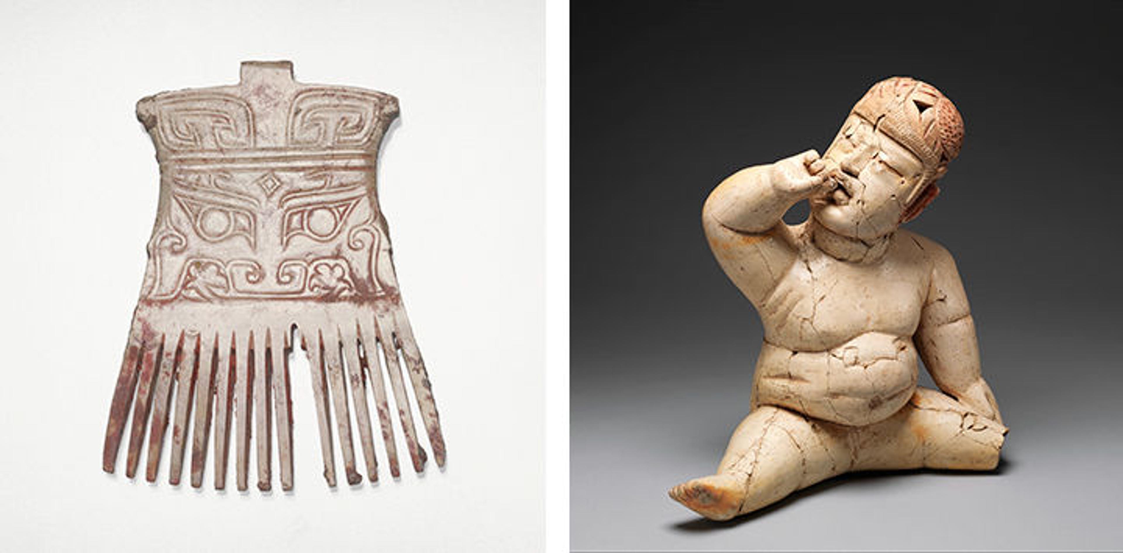A jade comb from China and a seated ceramic figure from Mesoamerica