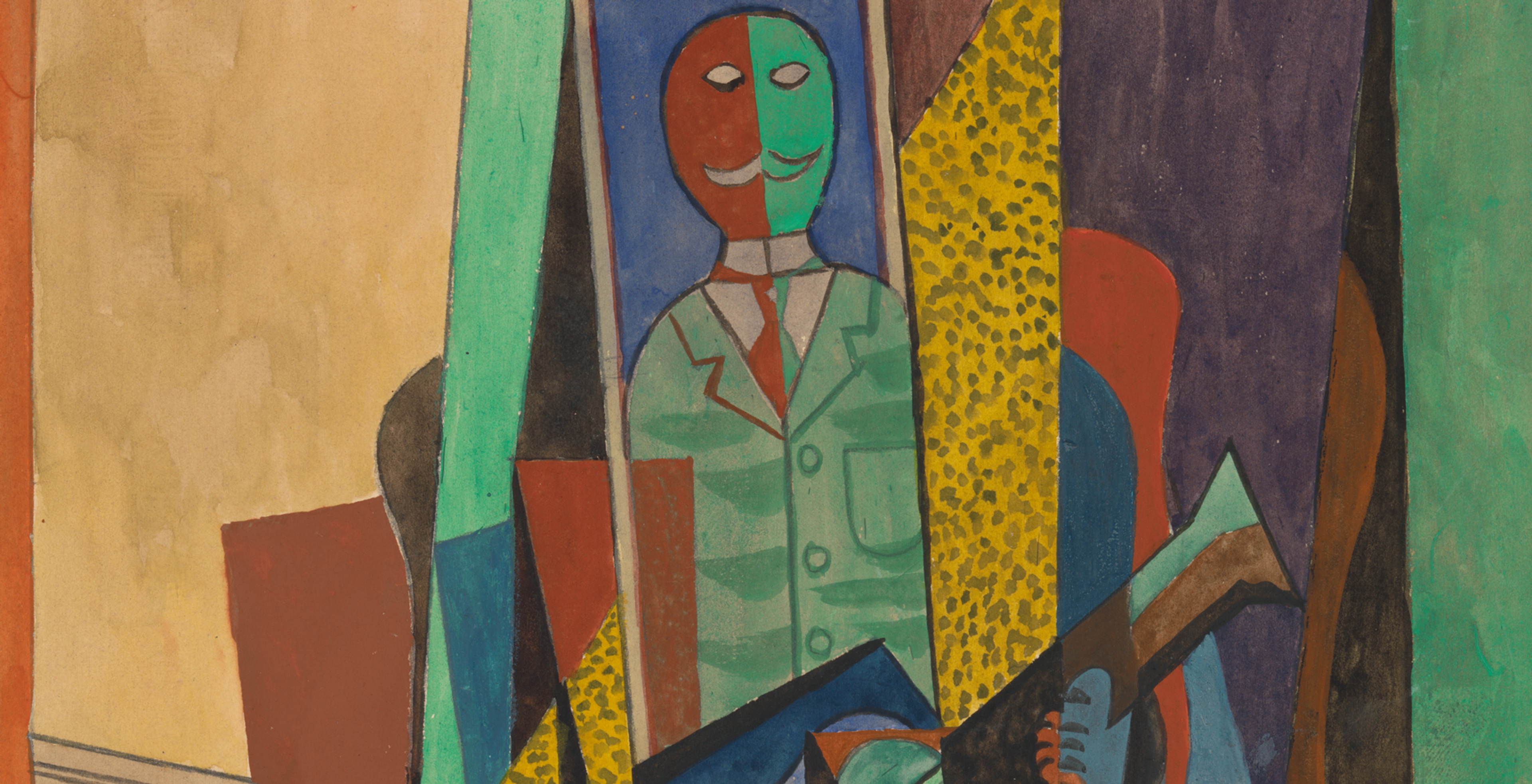 Painting of a mustachioed man holding a guitar with an environment of interlocking colored planes