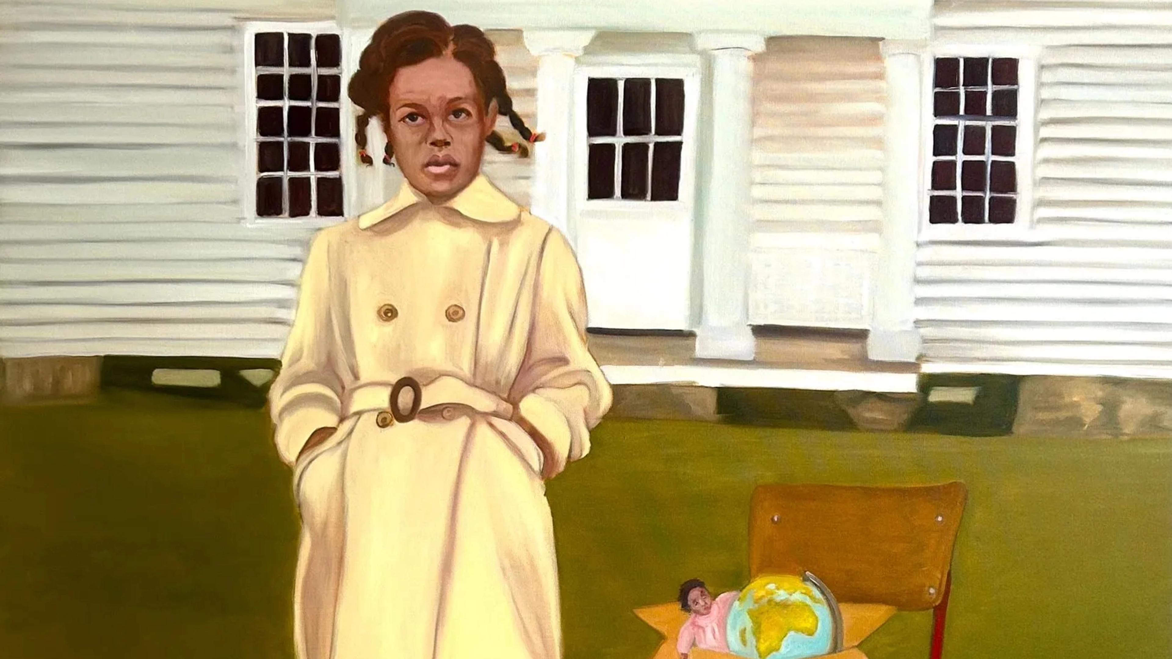 Painting of a girl in braids wearing a yellow trench coat and standing in front of a white house.