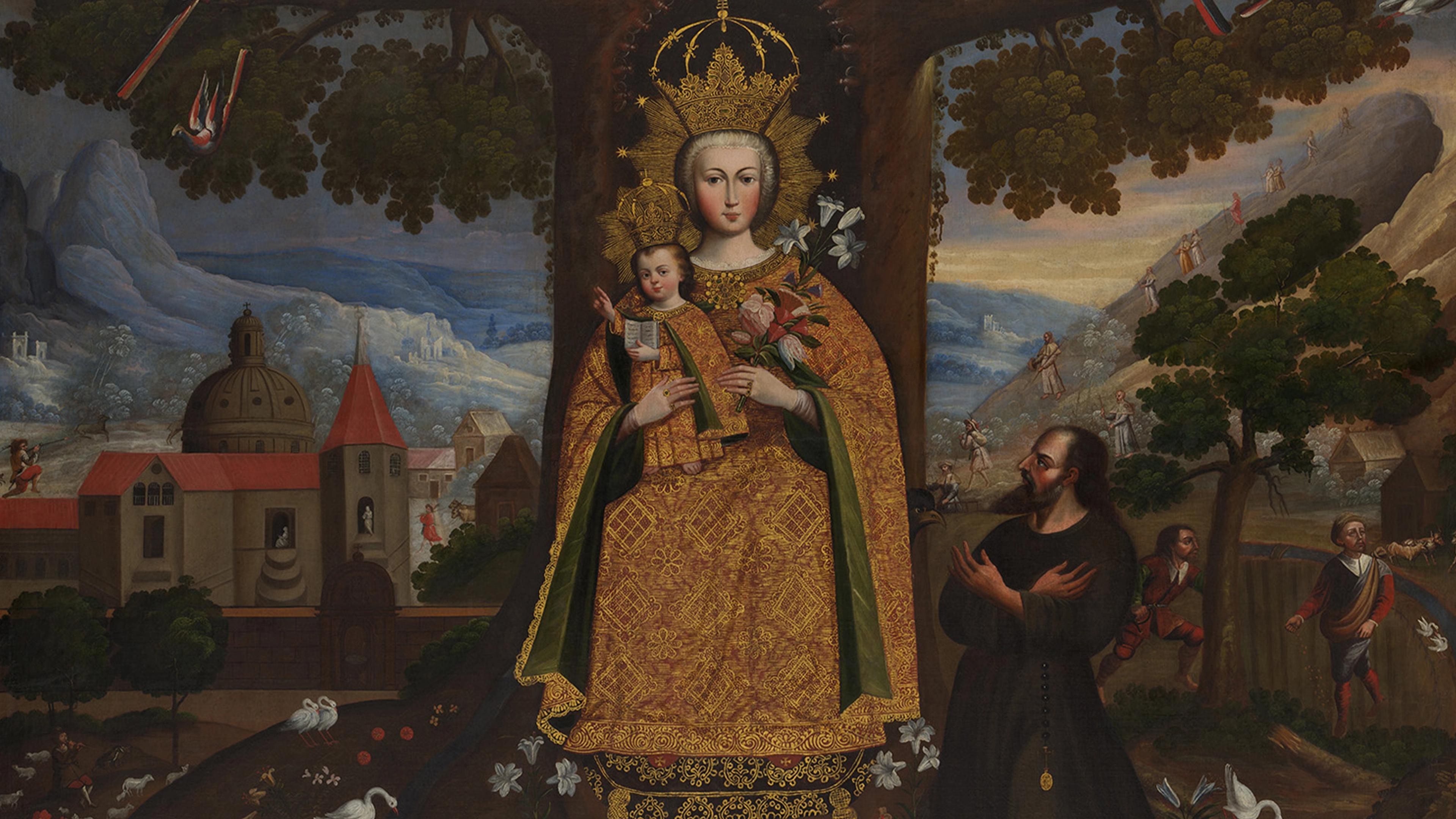 Image of a regal woman in all gold holding a small child in all gold. A man in a monk's garb is on his knees below them. There are mountain and a church in the background. There is one tree behind them and animals and flowers surrounding. 