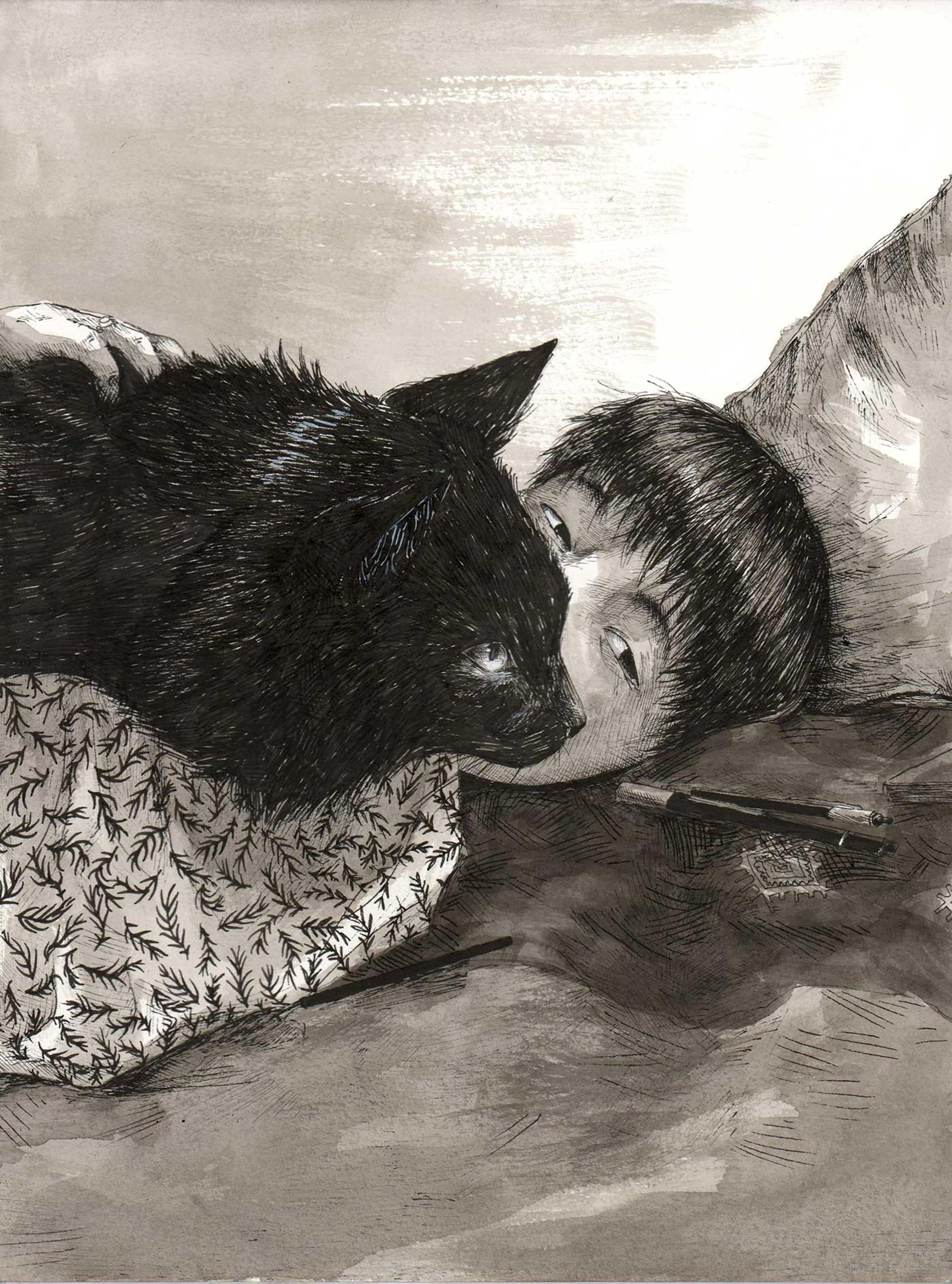 Pencil drawing of a person laying on a bed with a black cat on top of them.