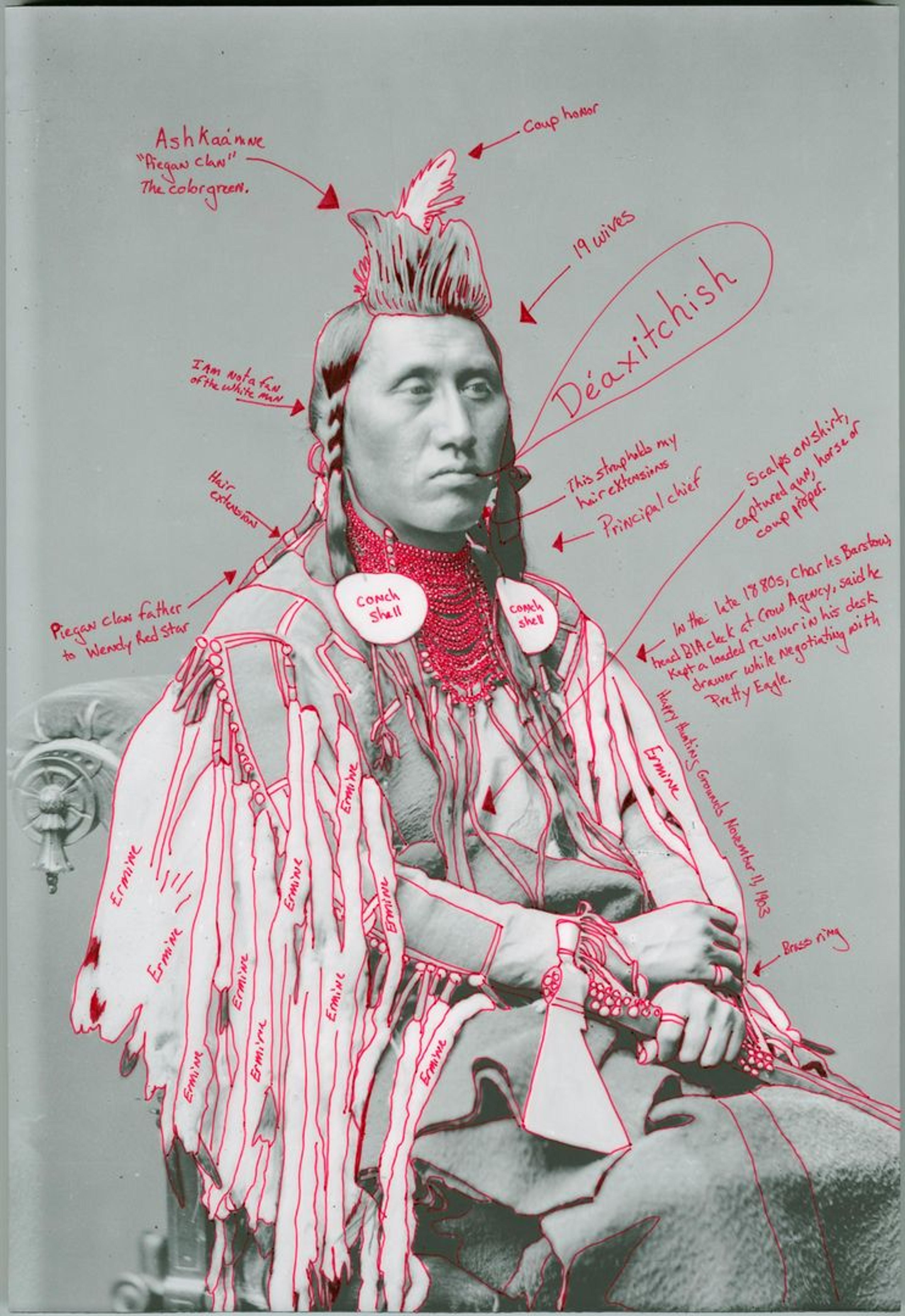 Picture of Wendy Red Star's artwork, which is a historic portrait of Chief Déaxitchish sitting in his regalia. She has made notes on the image in bright red ink