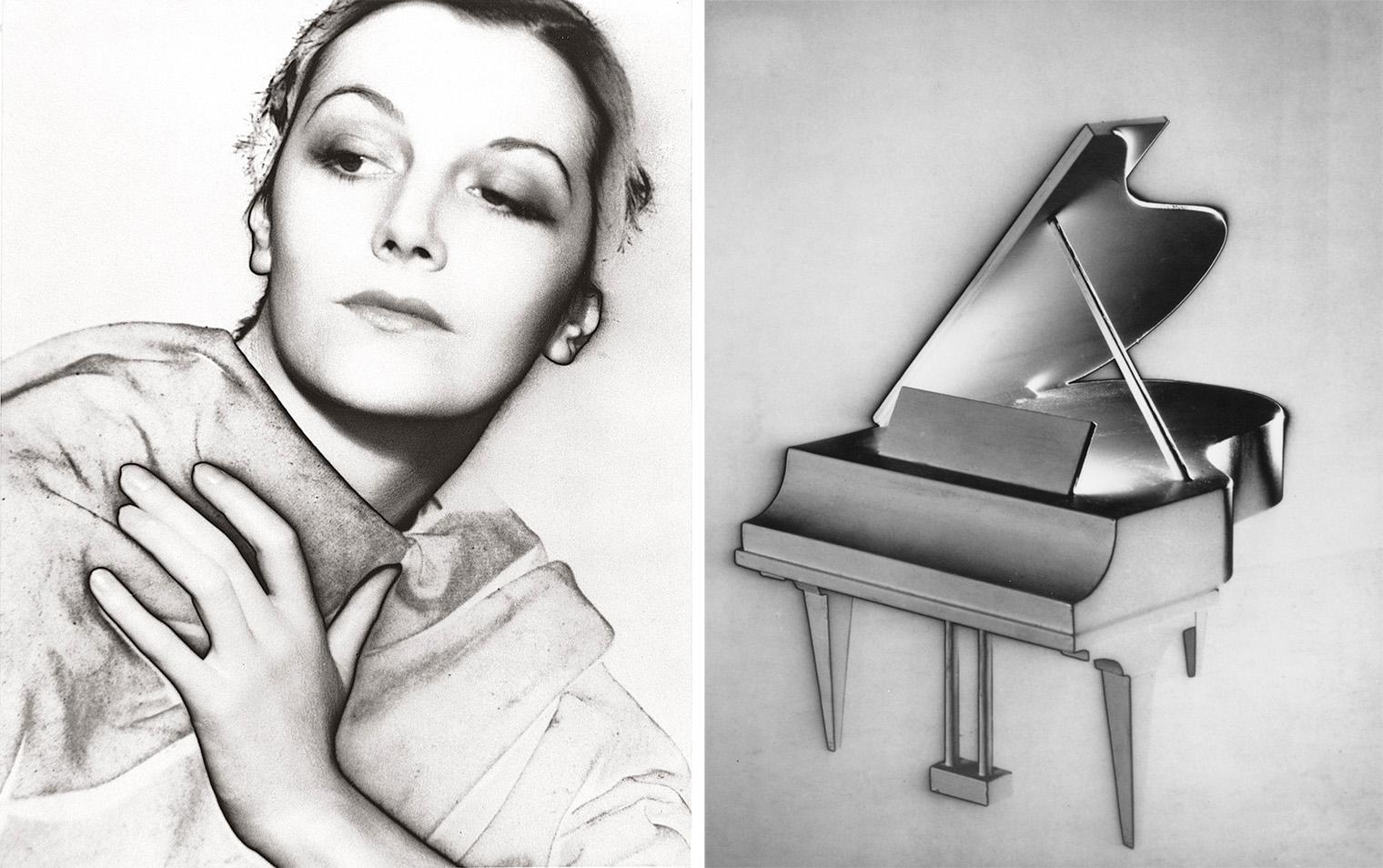 In a black and white split image, the left side shows a person with a serene expression and wrapped in fabric. The right side features a shiny, abstract grand piano.