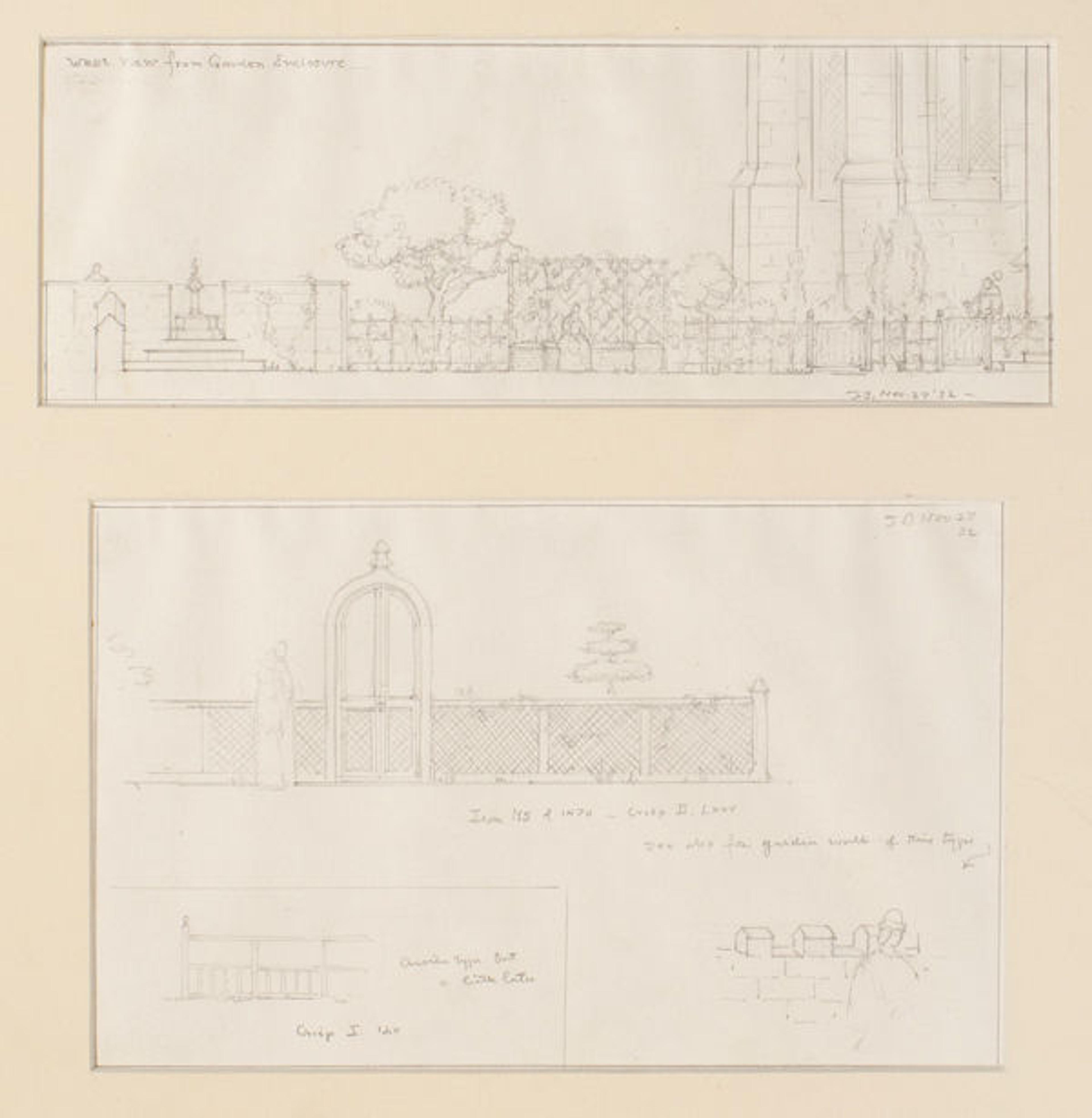 Joseph Breck (1885–1933). Sketches for the west side of the Bonnefont Cloister garden, fence, gate, and wall details, signed 'J.B.' and dated November 27, 1932.