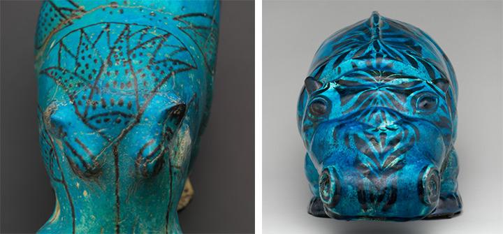 On the left, a close-up of William’s head. On the right, a close-up of the head of the hippo made by Carl Walters.