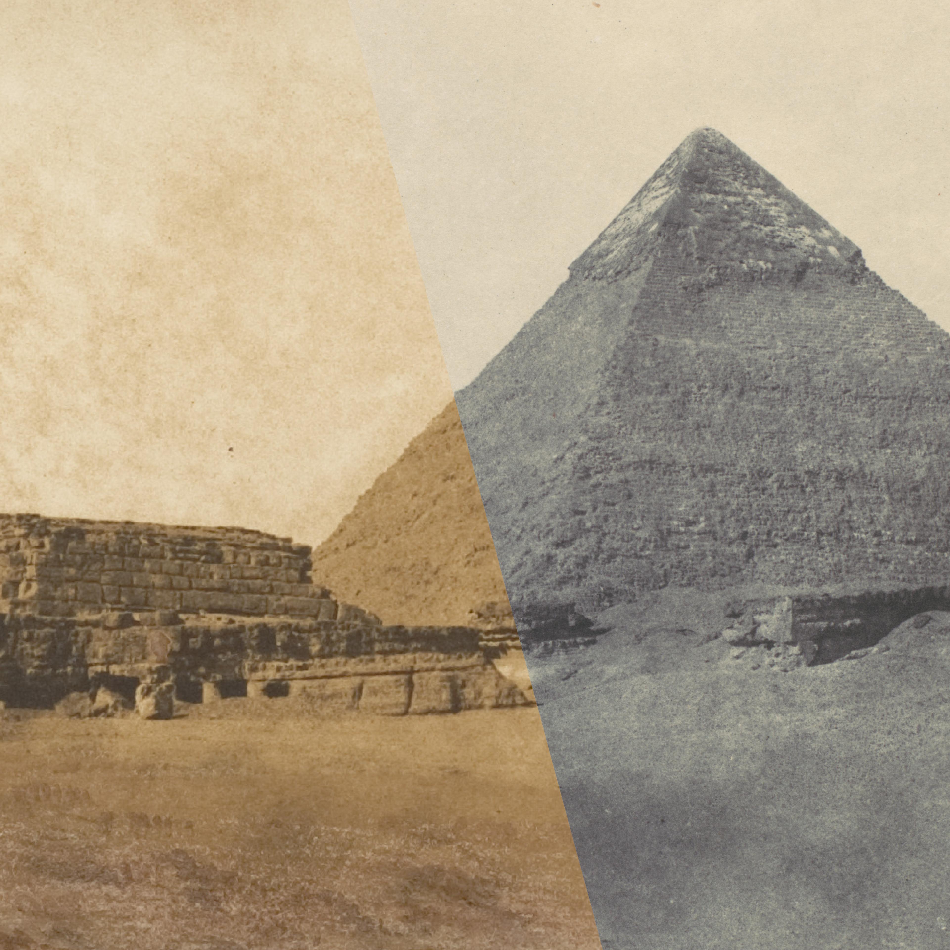 A side-by-side comparison of two vintage images of a pyramid, showcasing different textures and tones from an earlier period.