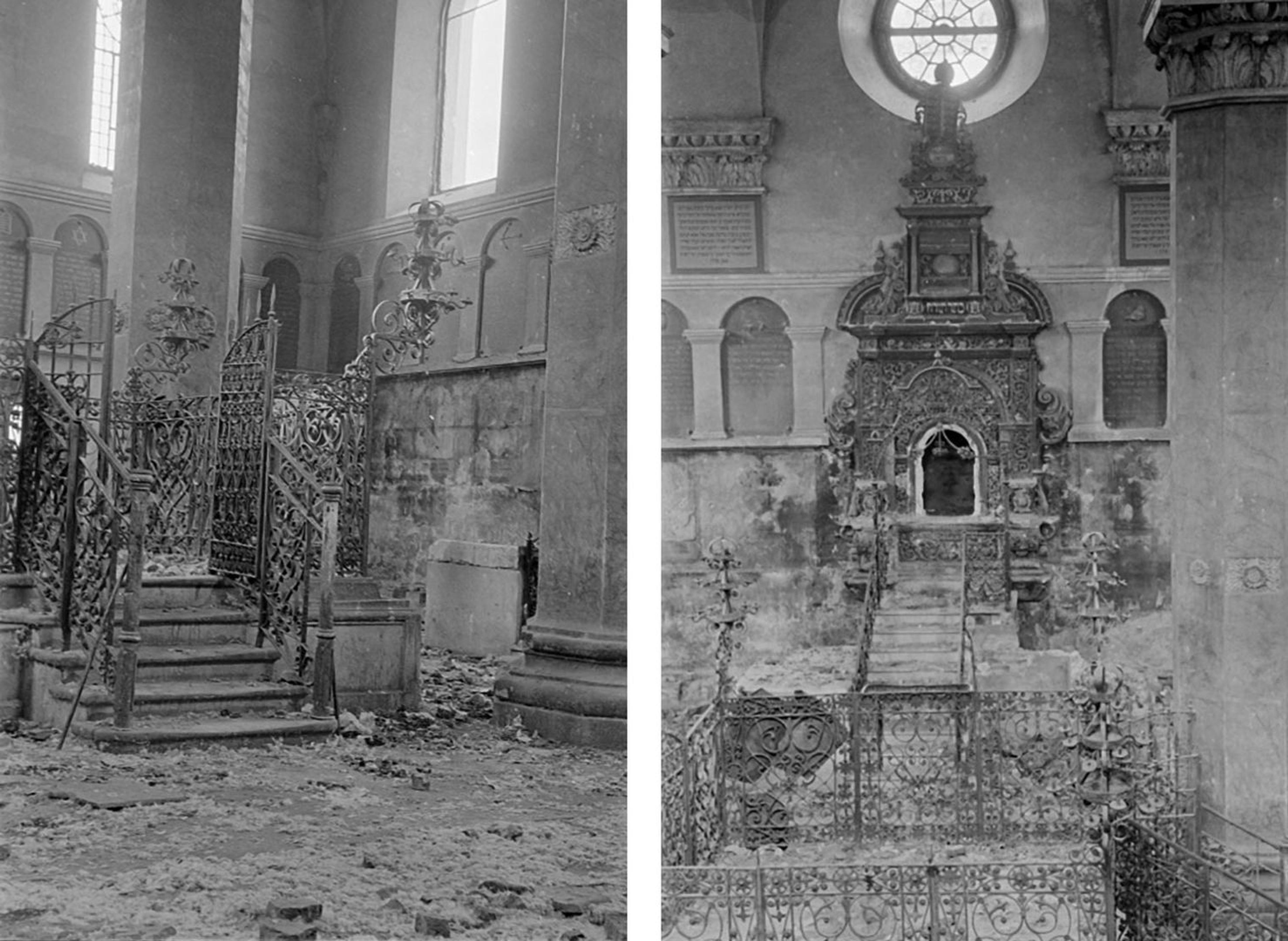 Two photos of a destroyed synagogue