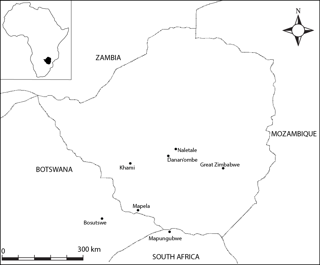 Map of Zimbabwe showing the locations of Great Zimbabwe and other stone-walled sites