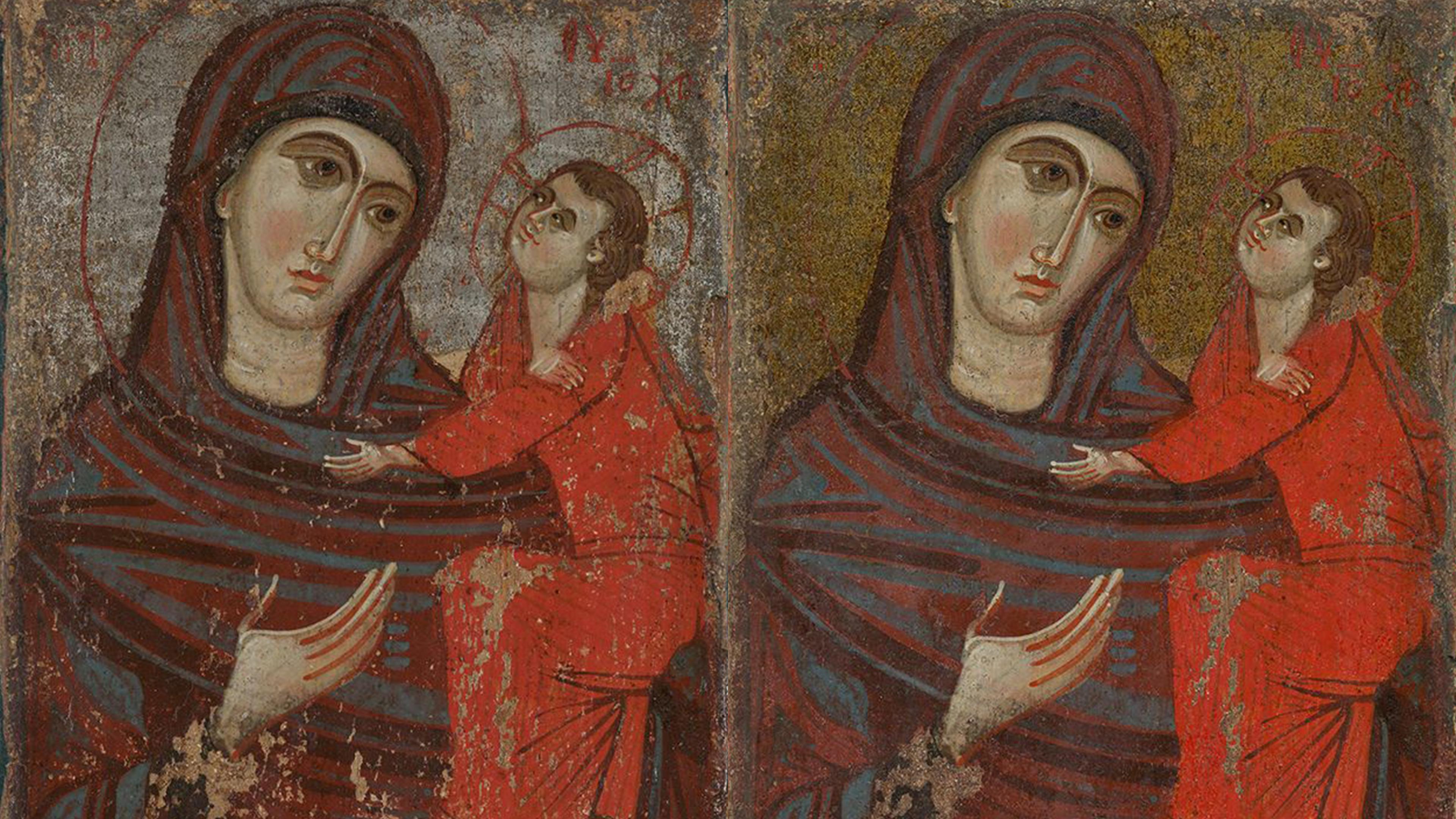 Two images of the same byzantine painting of the virgin and child. The image on the left is much more run down with noticeable chips.