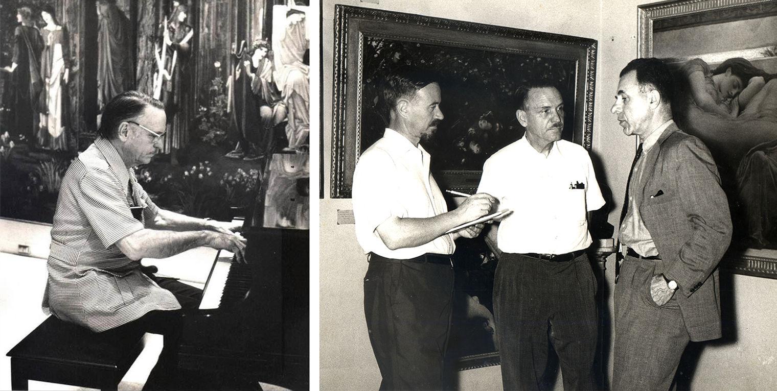 Combine image separated by a white bar. To left is a man in a suit playing a grand piano with a mural behind him. On the right three men standing in a corner with two paintings on both walls to he right and left of them with gold frames. One of the paintings is flaming june which depicts a women in a translucent orange dress laying in the sun. The men are facing eachother, the two on the right and in the middle are wearing almost identical outfits—white collared short sleeve shirts and black paints. The man all the way to the right is wearing a suit and tie.