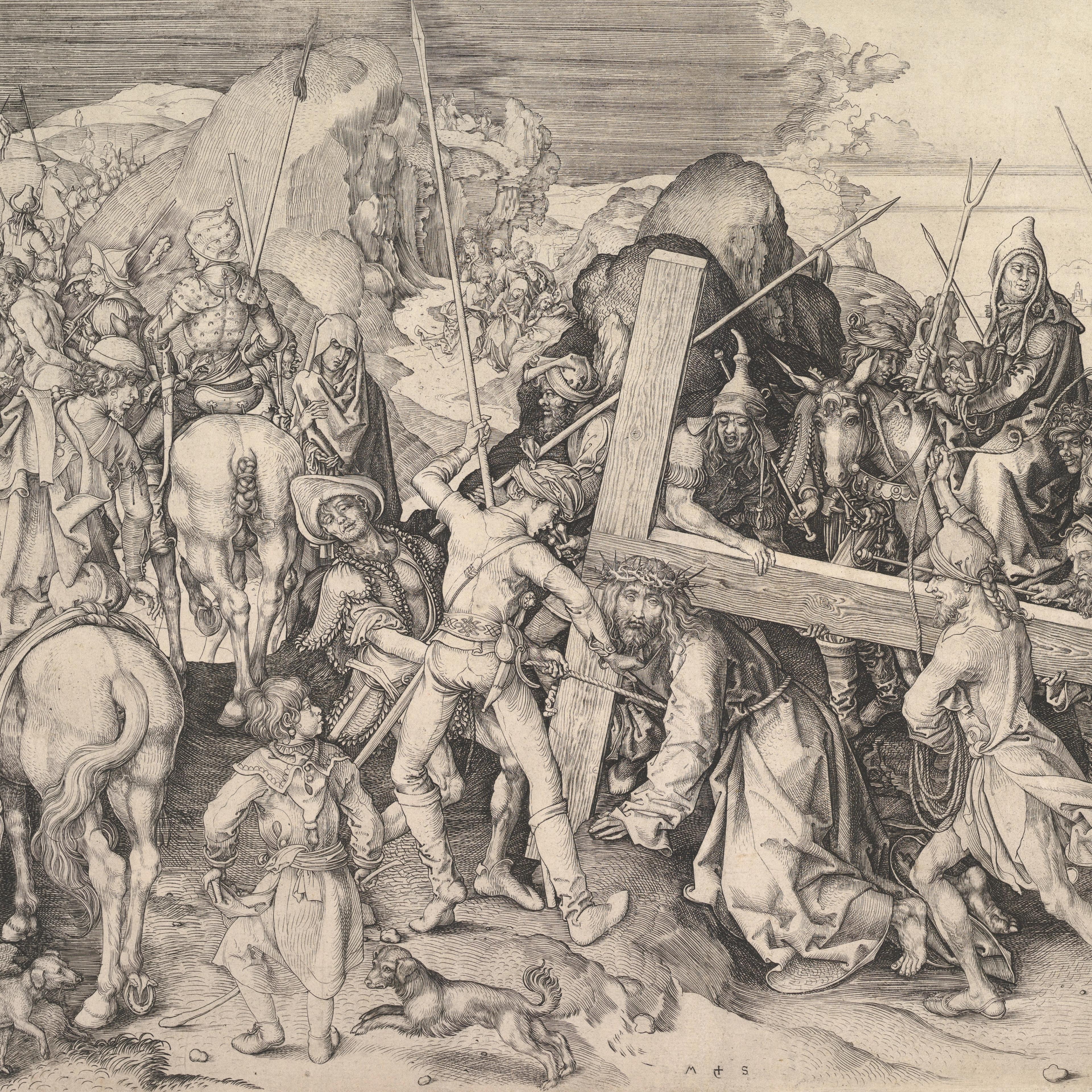Engraving by Martin Schongauer depicting Christ carrying the Cross amid a throng of onlookers.