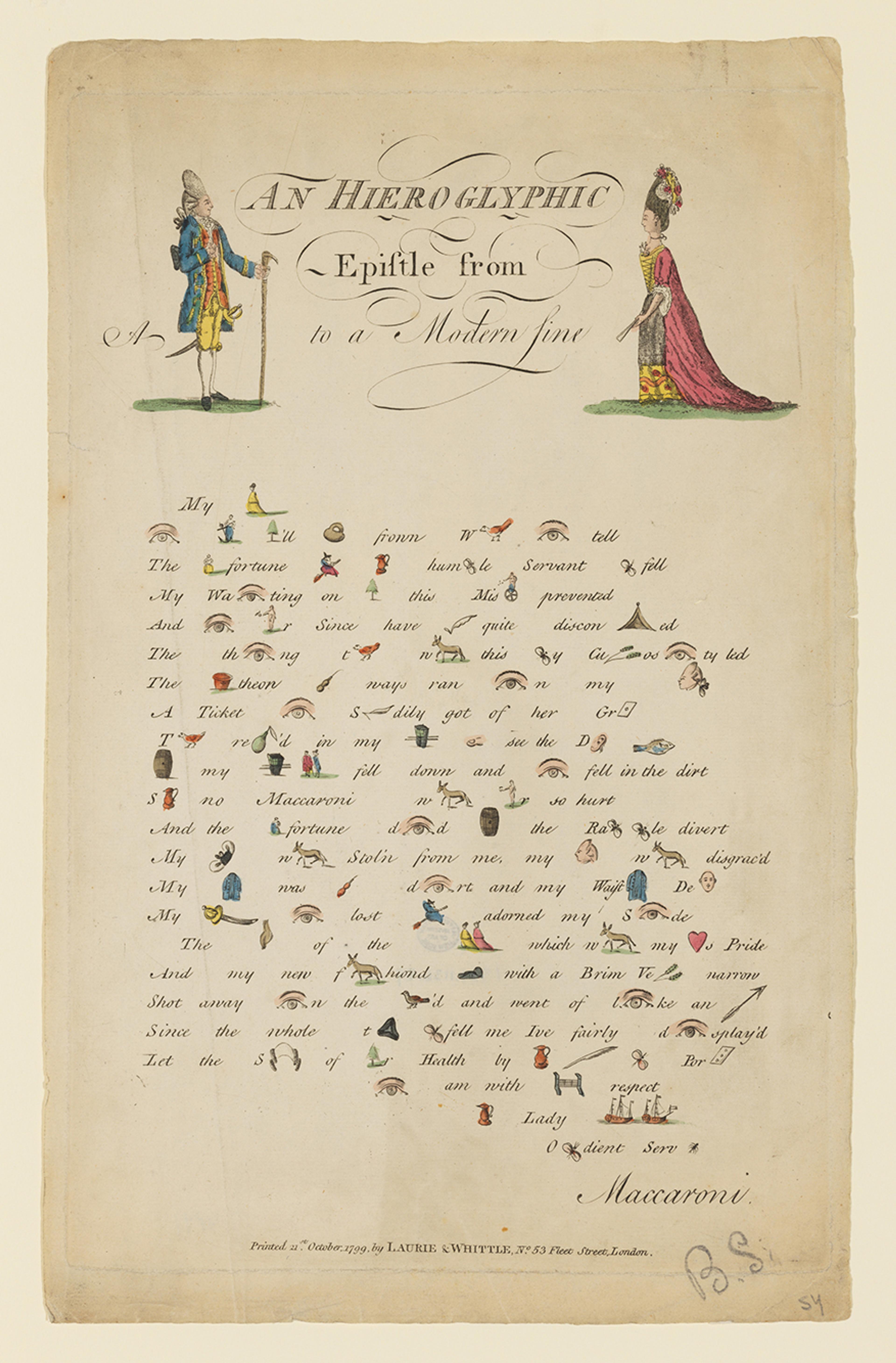 Engraved hand colored rebus made of lines of text formed by a combination of pictures and letters.