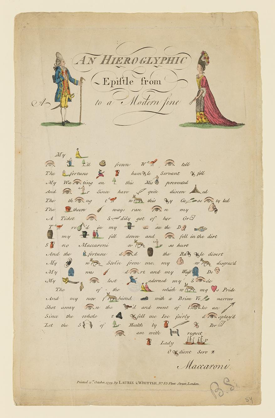 Engraved hand colored rebus made of lines of text formed by a combination of pictures and letters.