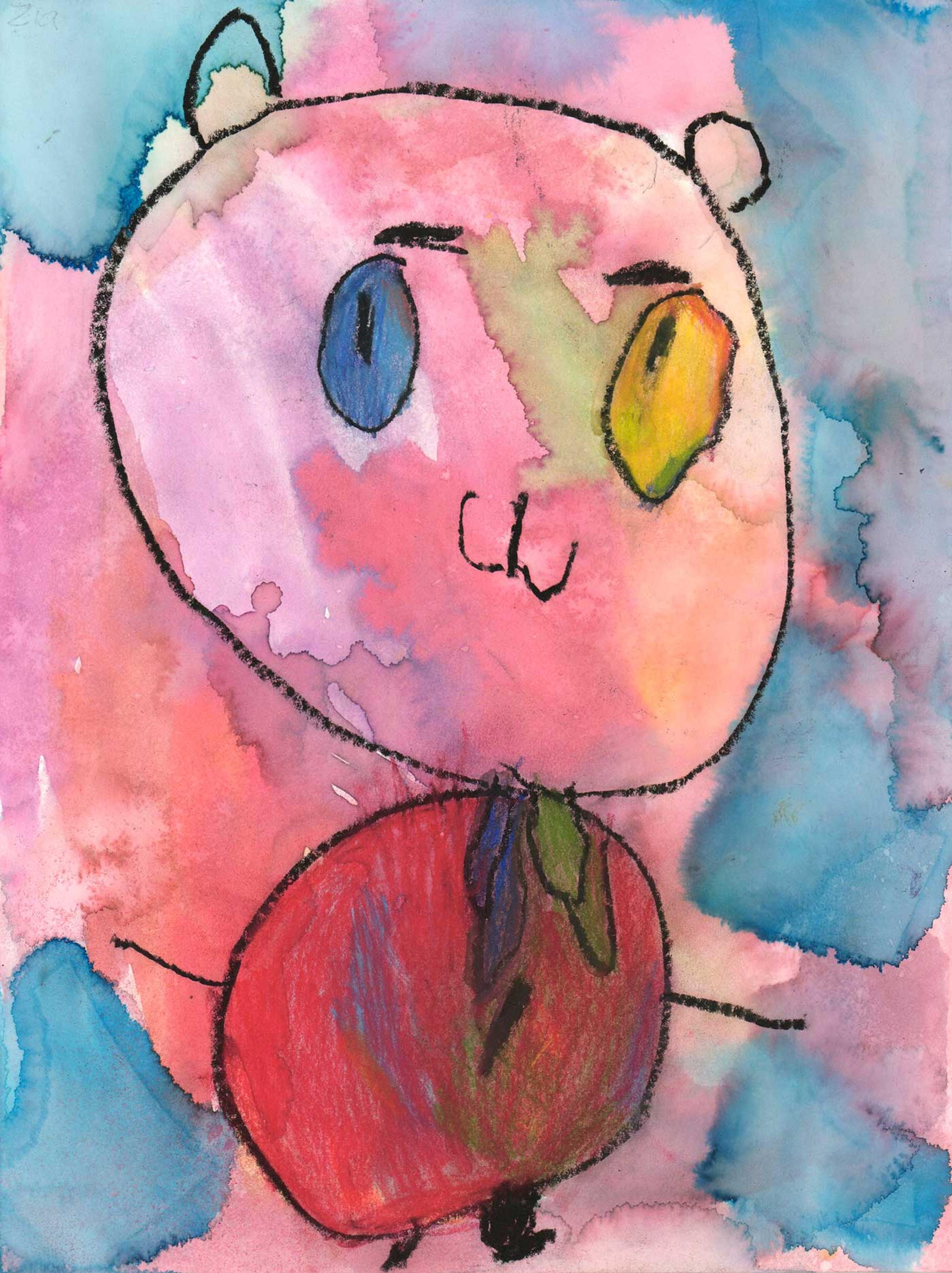 Drawing of a teddy bear with a red shirt on a blue and pink background.