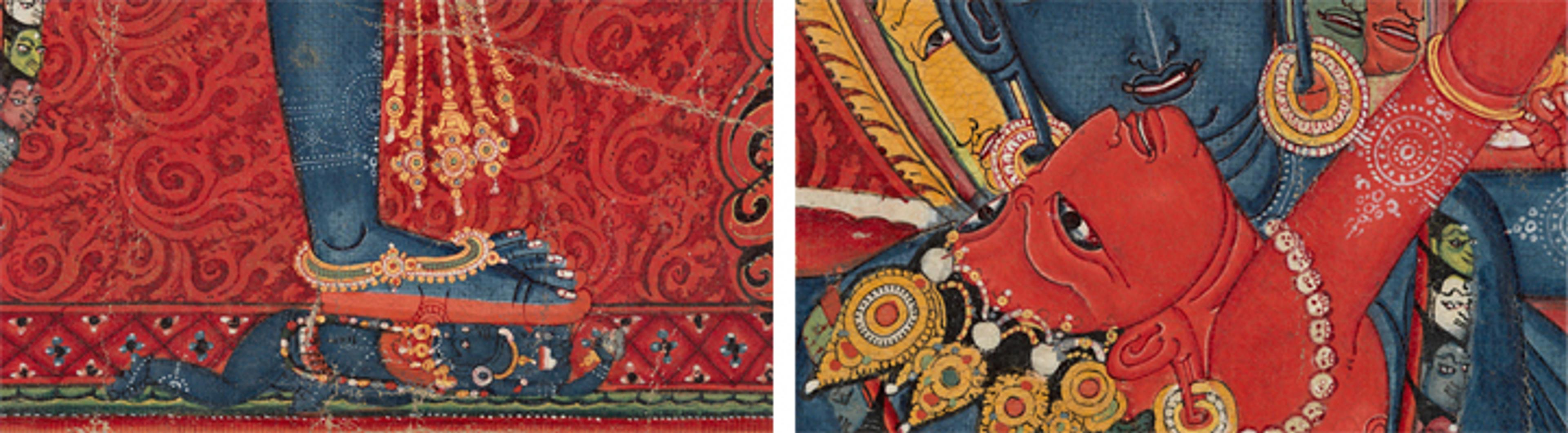 Two close-up views of a the Tibetan painting Chakrasamvara and consort Vajravarahi