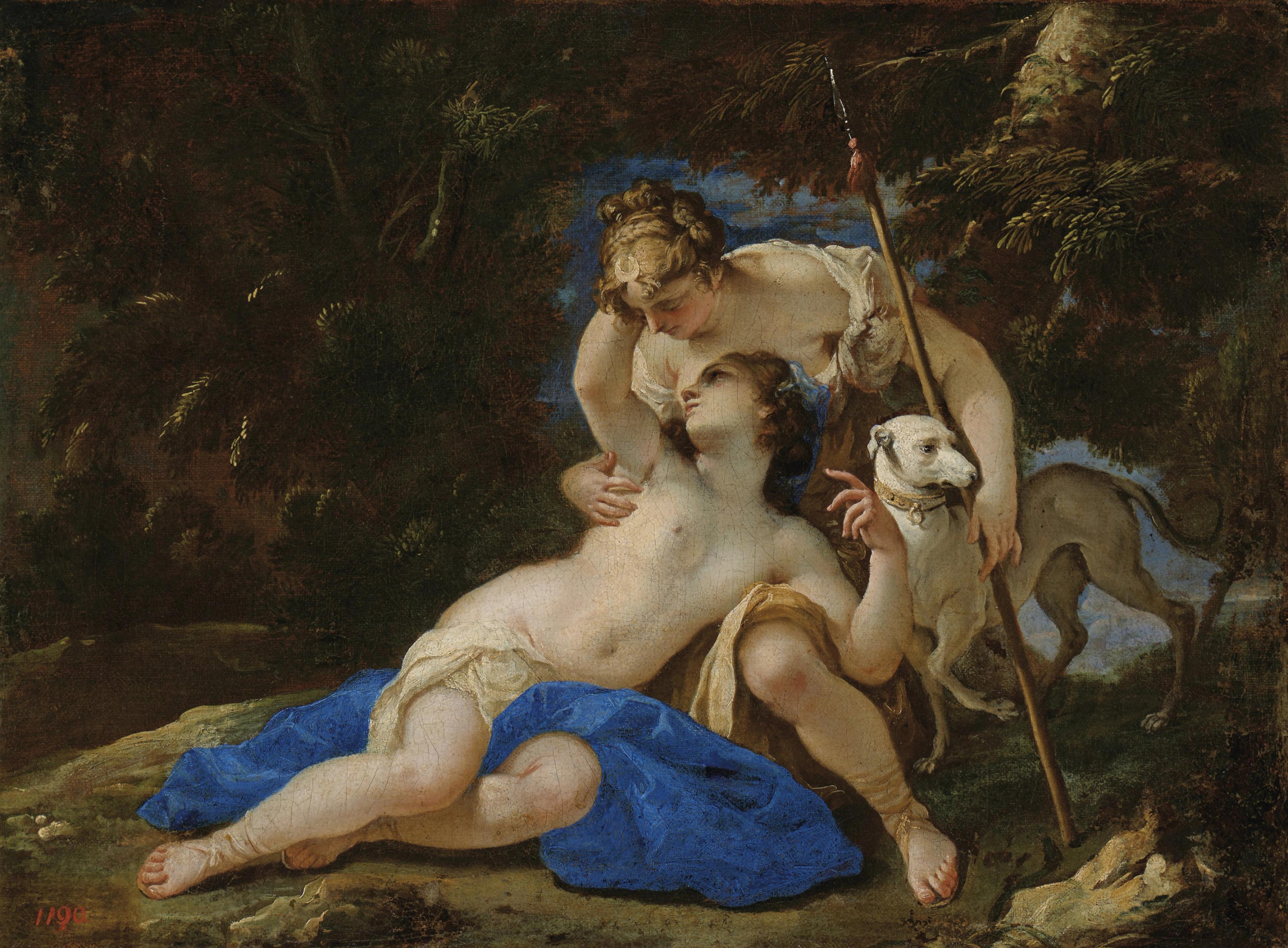 Painting of Diana and Callisto embracing sensually, flanked by a white hound.