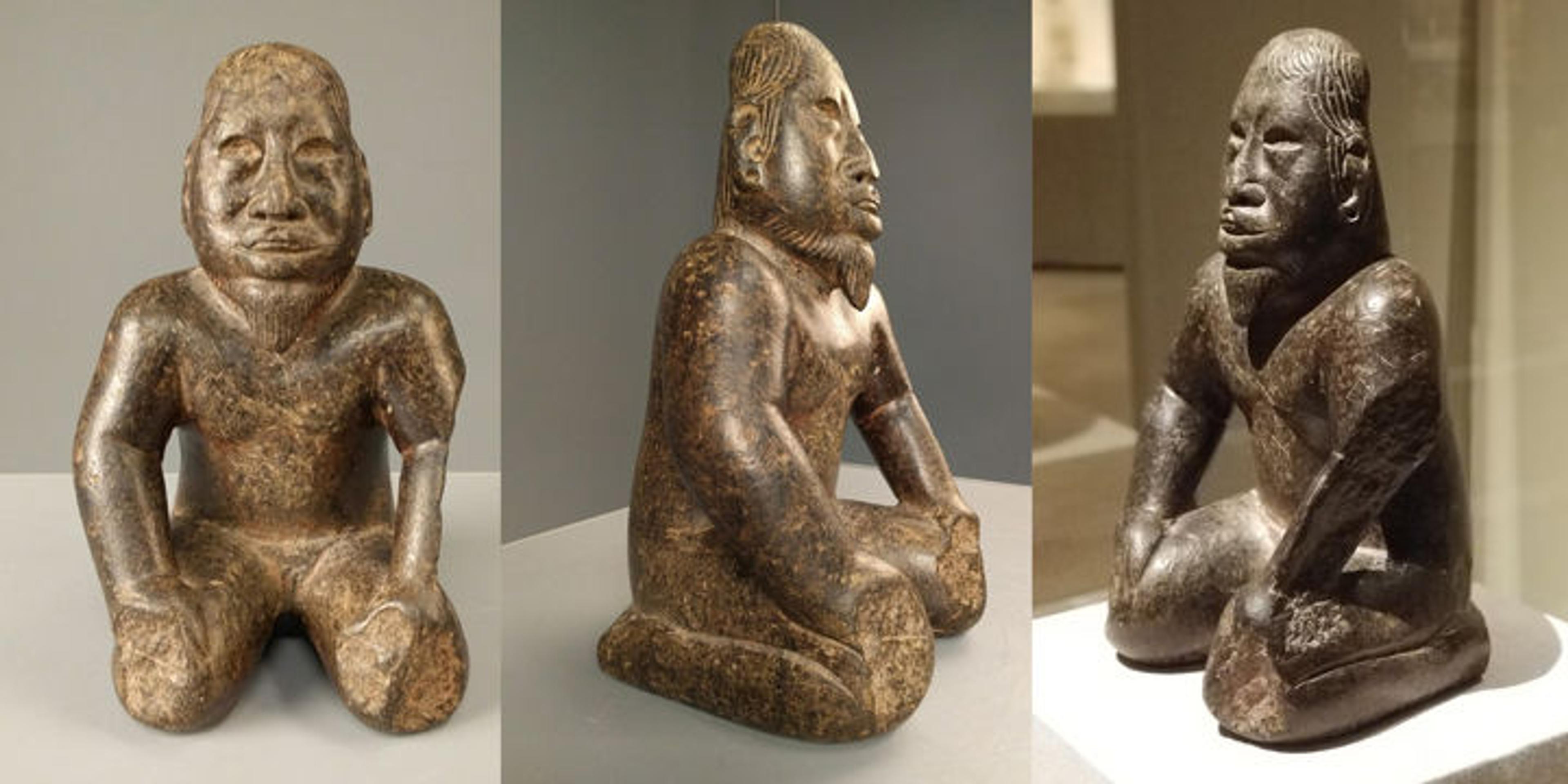 Three views of a Mexican kneeling bearded figure sculpture