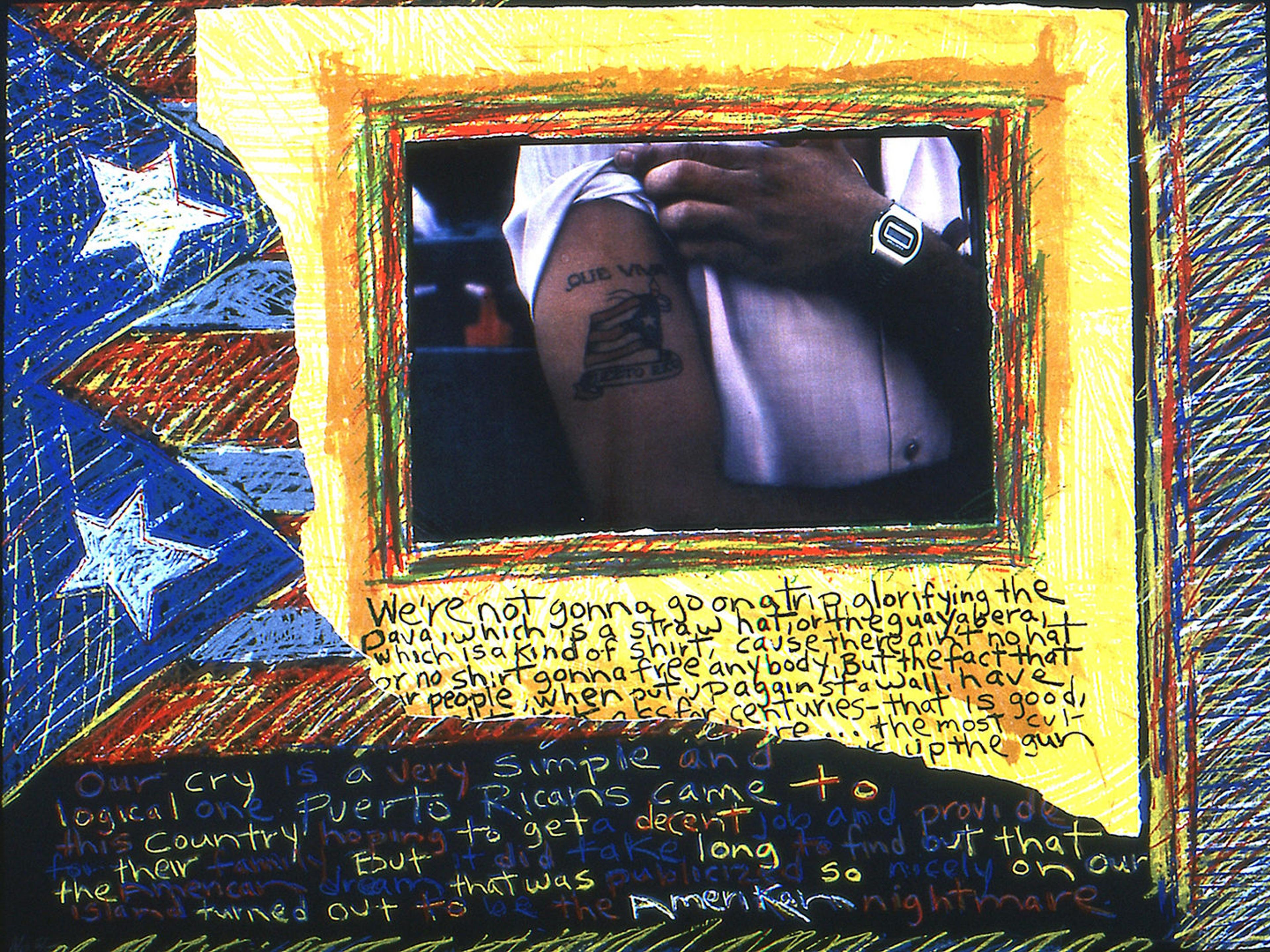 Print of the Puerto Rican flag, superimposed with a photograph of a person flexing their tattooed bicep, and text written below the photo.