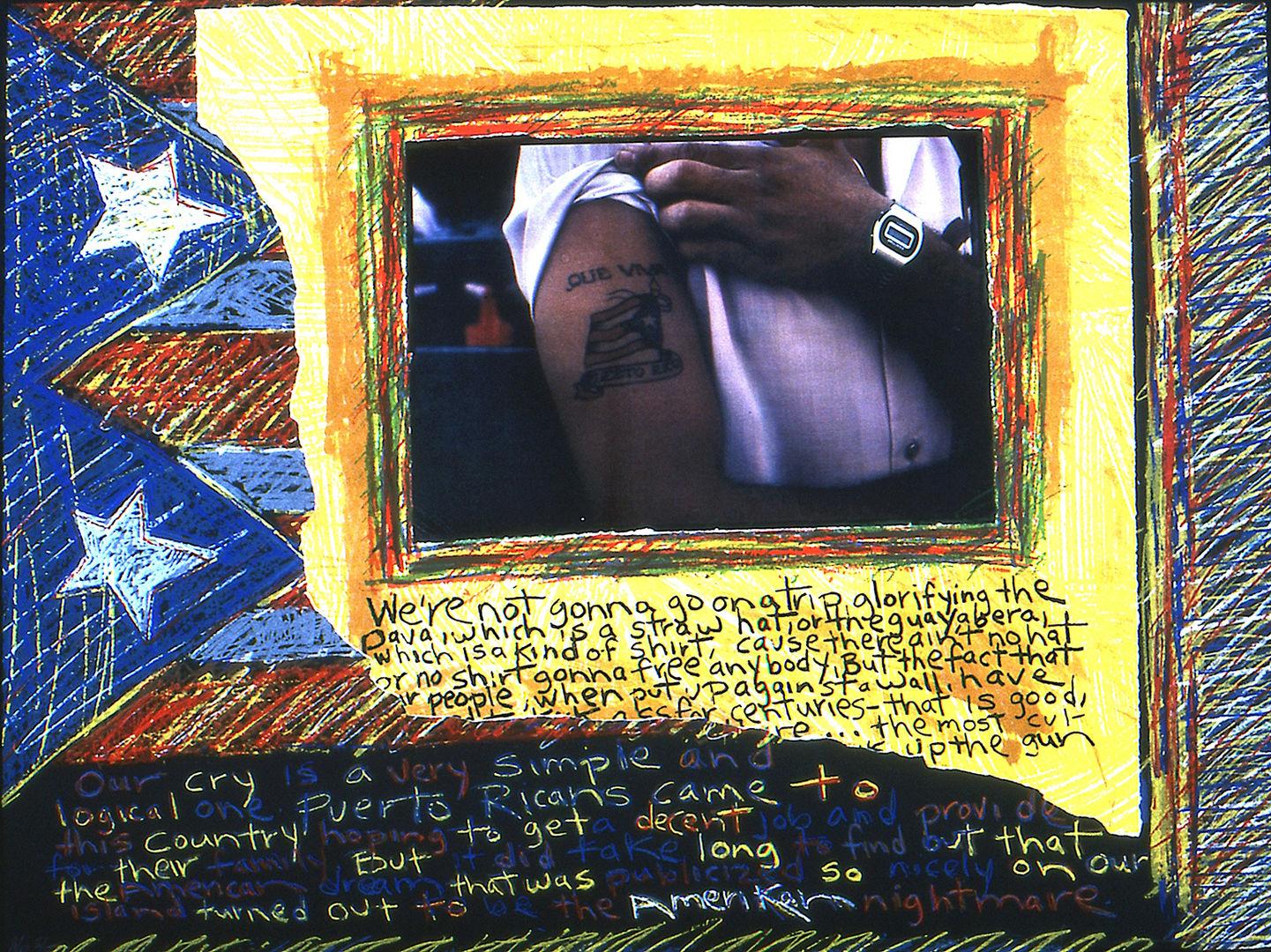 Print of the Puerto Rican flag, superimposed with a photograph of a person flexing their tattooed bicep, and text written below the photo.