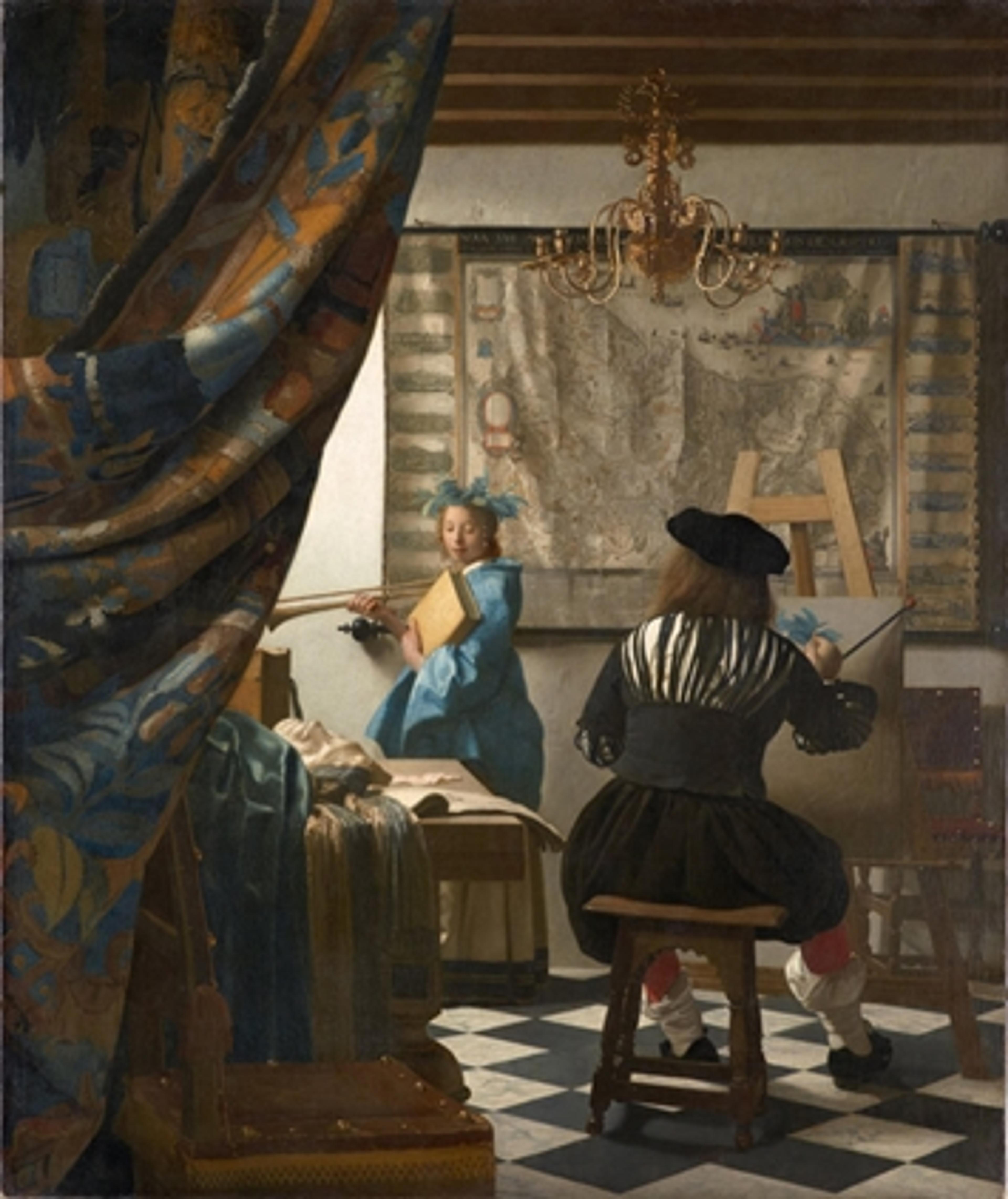 'The Allegory of Painting' by Johannes Vermeer | An oil on canvas painting showing an artist painting a model