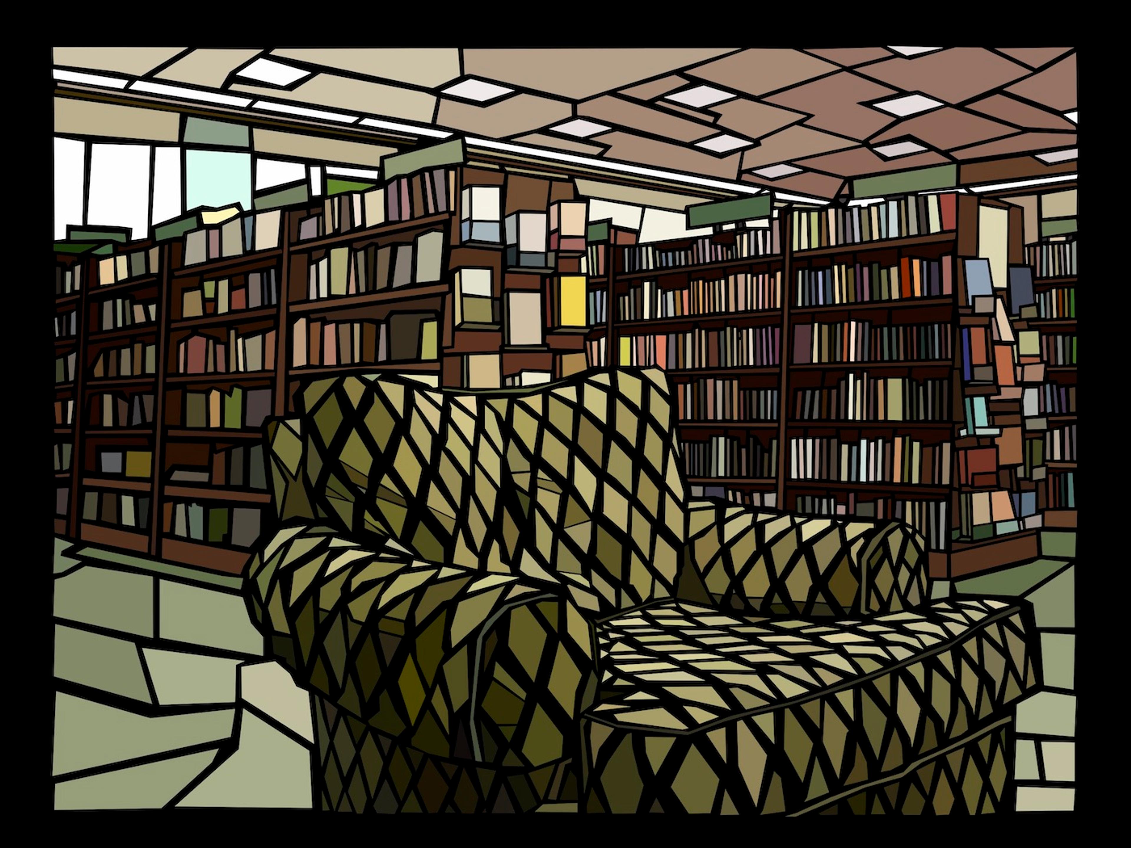 Vector illustration of a leather reclining chair sitting in the foreground in front of several rows of fully stocked book shelves inside a Barnes and Noble book store. All the visible objects in the image have been rendered with thick black outlines. In addition to the outlines, the pale brown reclining chair in the foreground is made up of dozens of small, diamond- shaped mosaic tiles, also rendered with thick black outlines. The ceiling overhead and floor below are also drawn with oulined mosaic tiles.