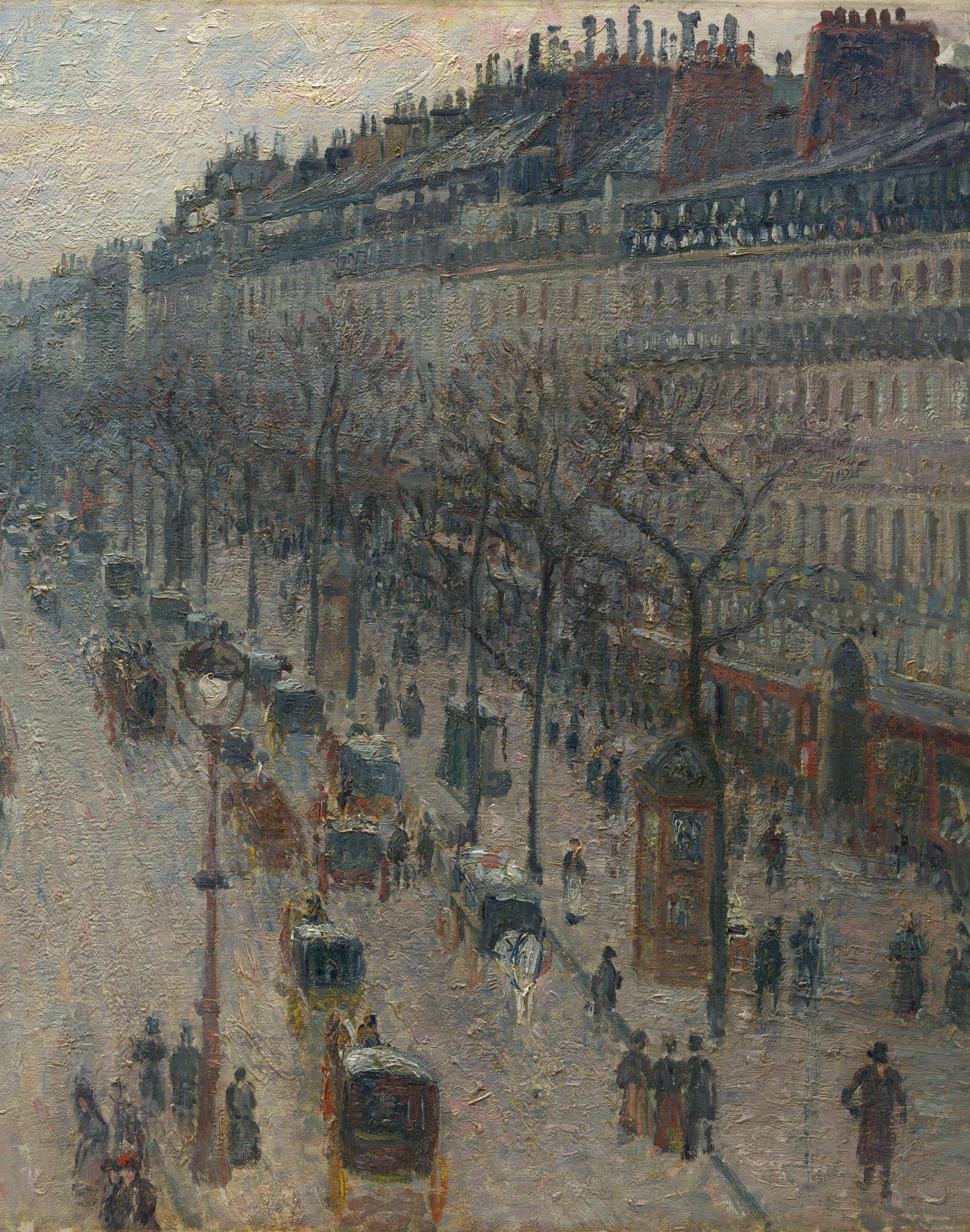 An oil painting of a busy parisian street.
