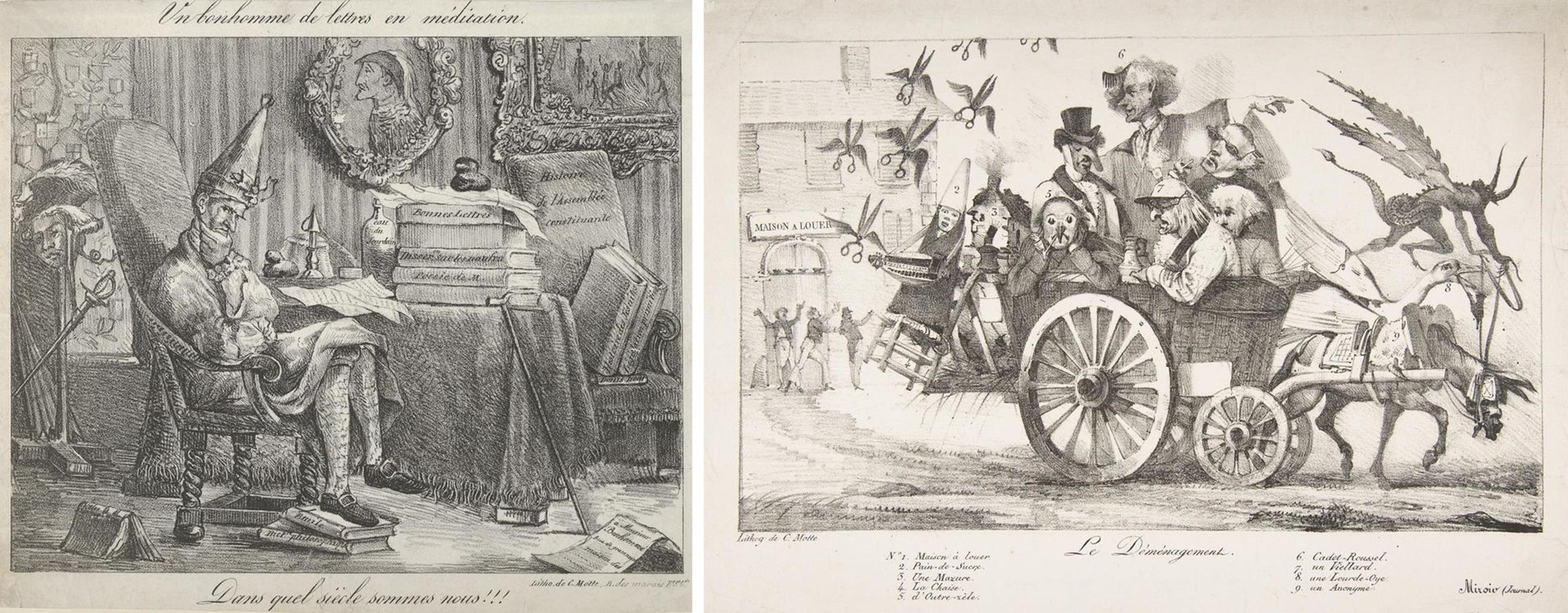 Two lithographs by Eugene Delacroix: one depicting a scholar meditating in his study (left) and the other a caricature of censors being transported from a building in a cart (right)