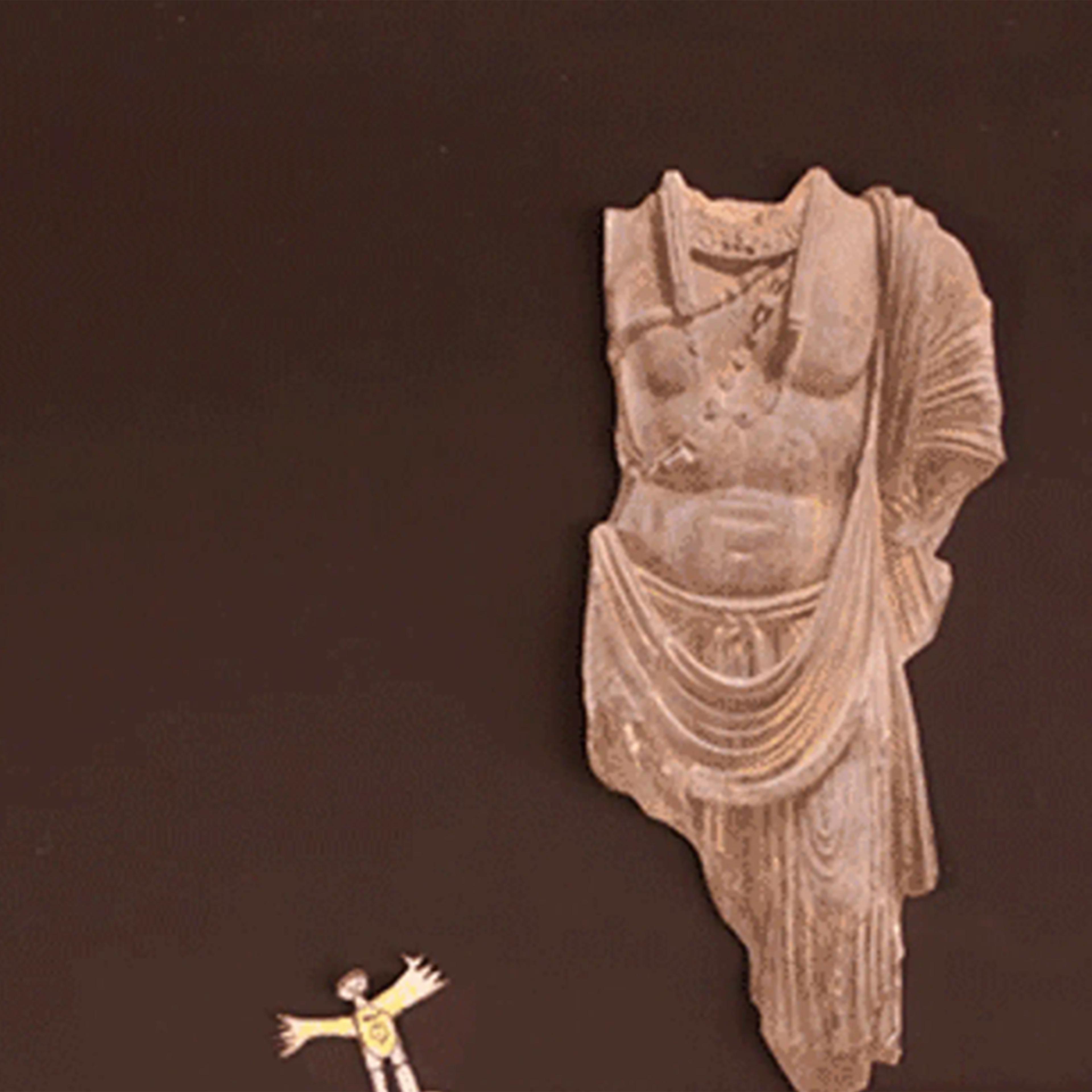 Small animated figure with arms outstretched in front of the beige torso of a bodhisattva.