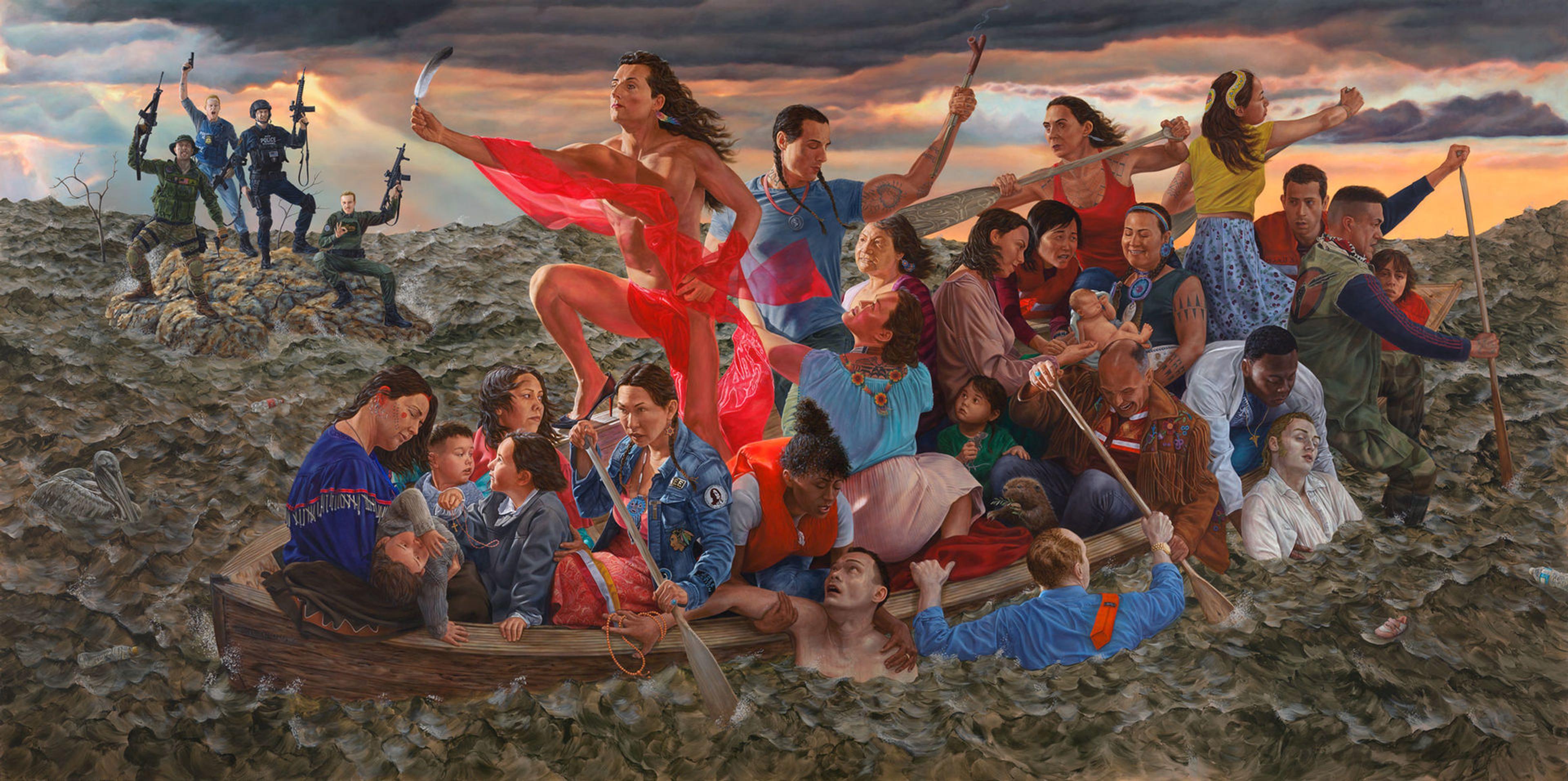 A painting of a boat filled with people and a woman wearing red standing at the bow