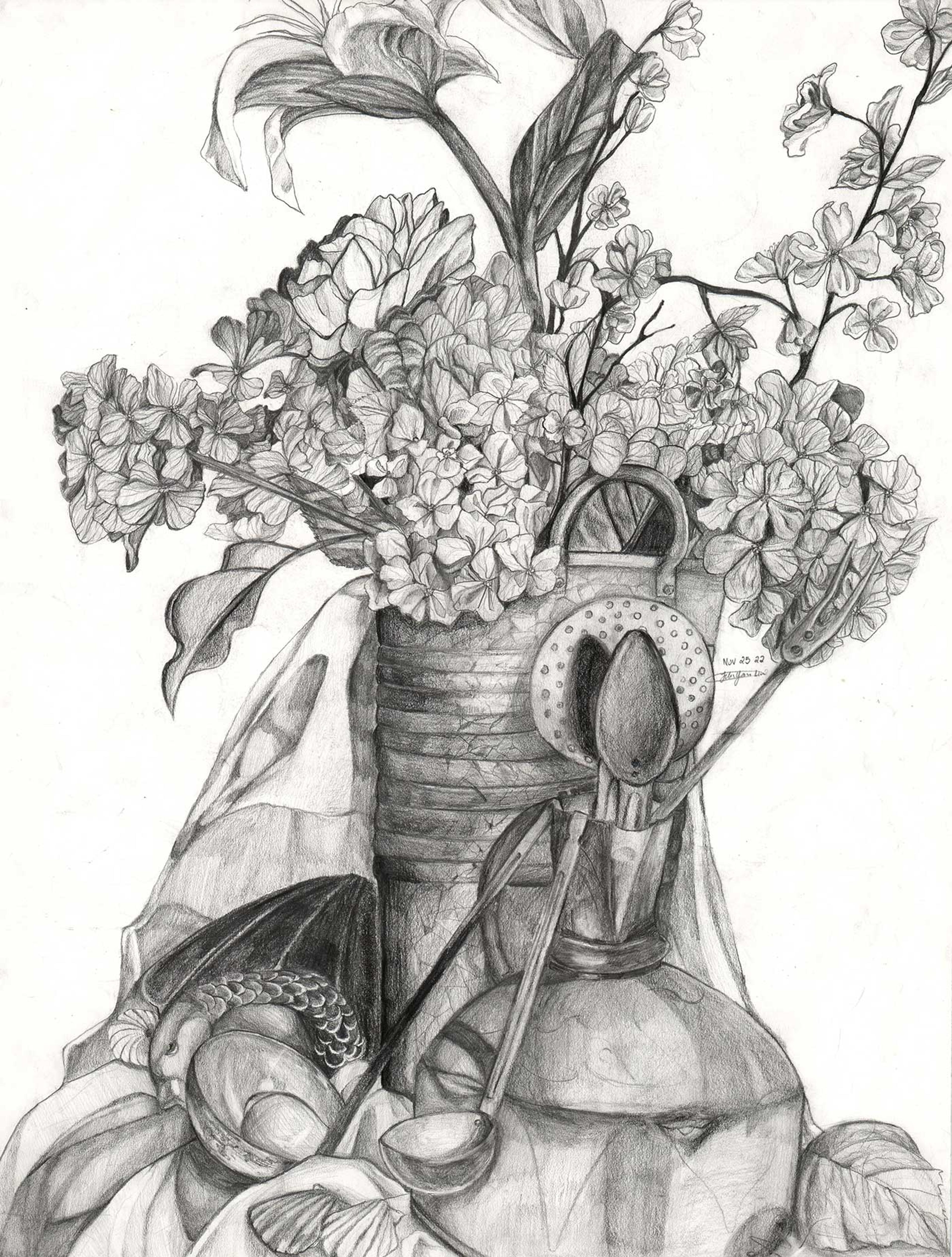 Pencil still life drawing featuring flowers.
