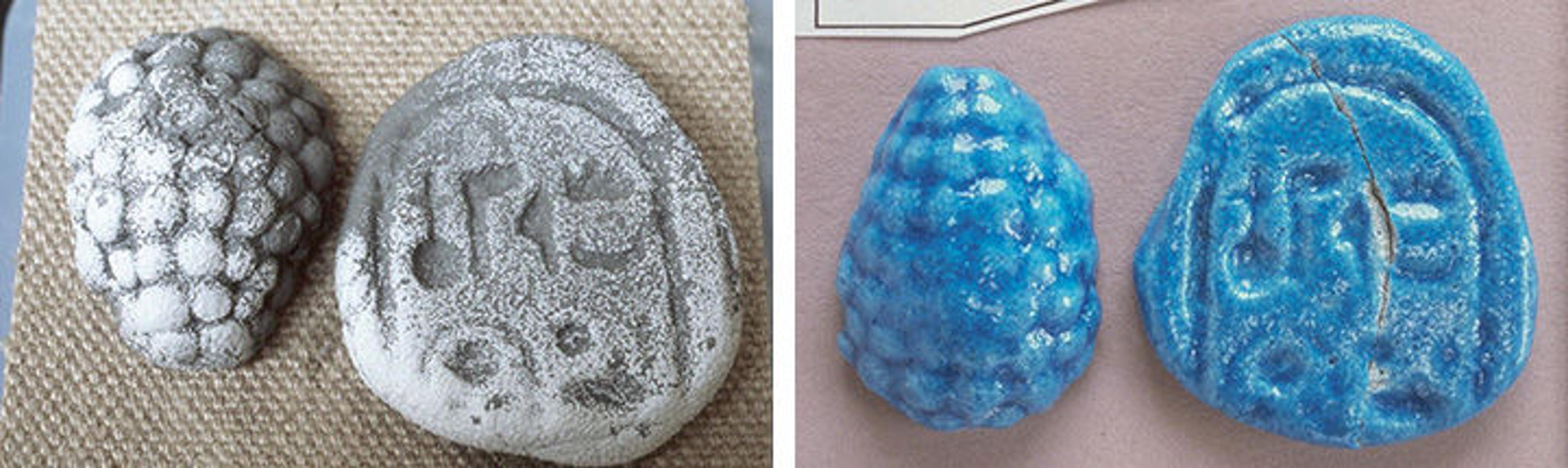 Faience paste during the drying process (grey) and after firing (blue)