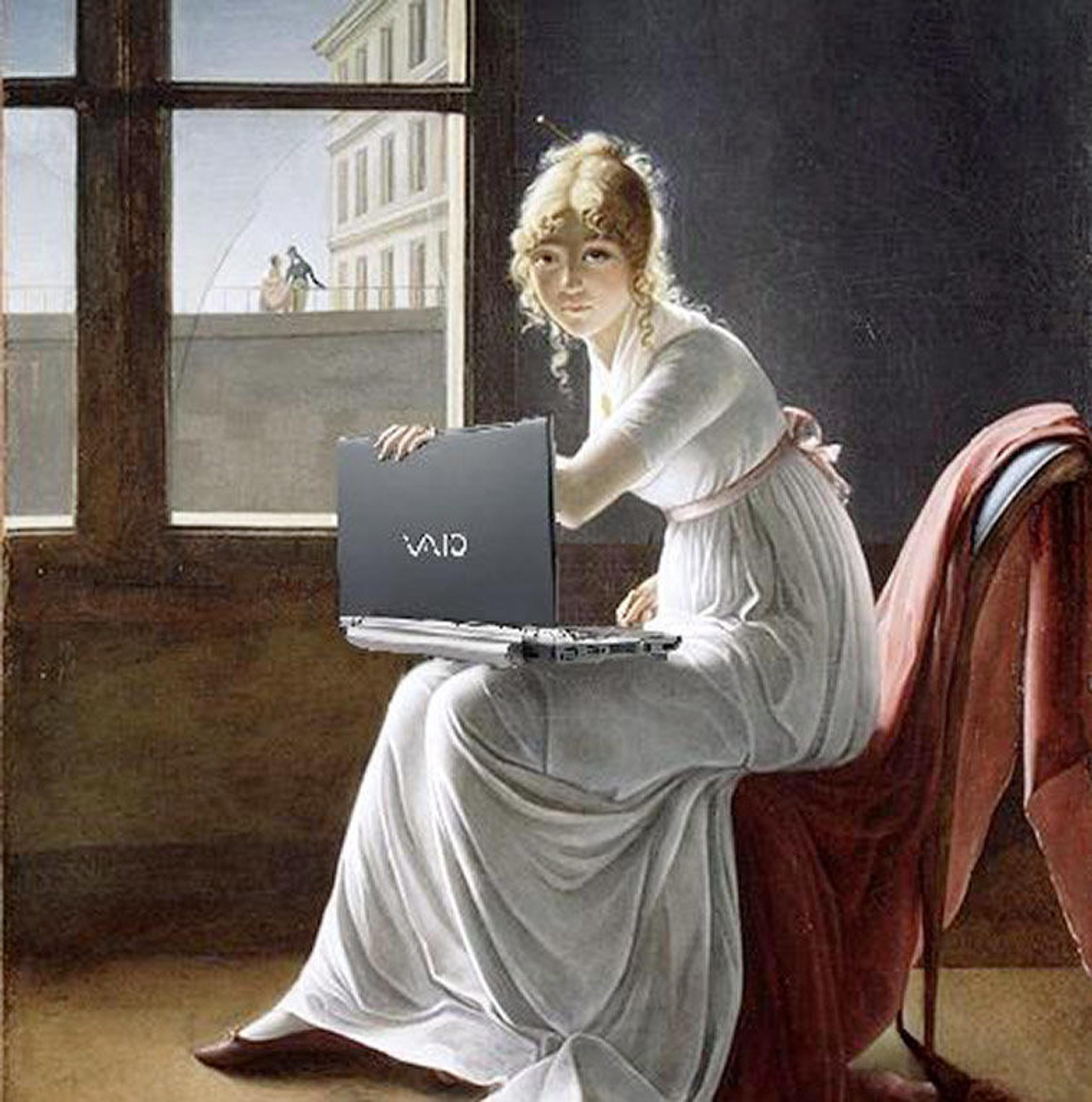 Young woman blogging, after Marie-Denise Villers